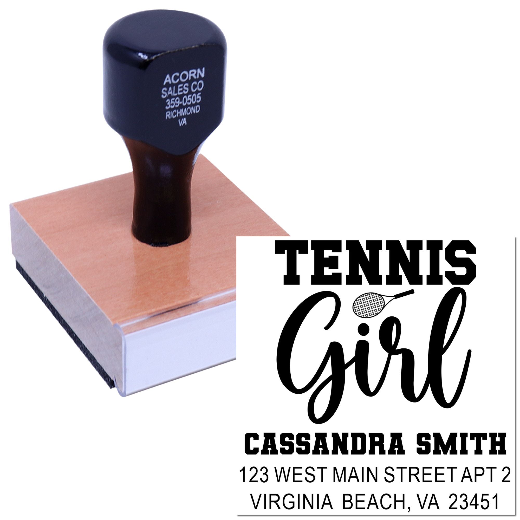 Personalized tennis girl return address rubber stamp with custom name and address for mailing.