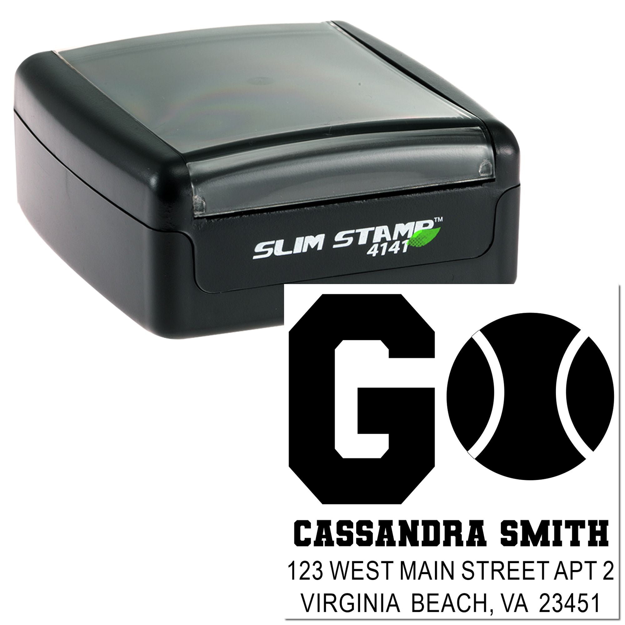 Custom self-inking Slim Stamp 4141 rubber stamp for personalized return address labels with monogram, name, and address.