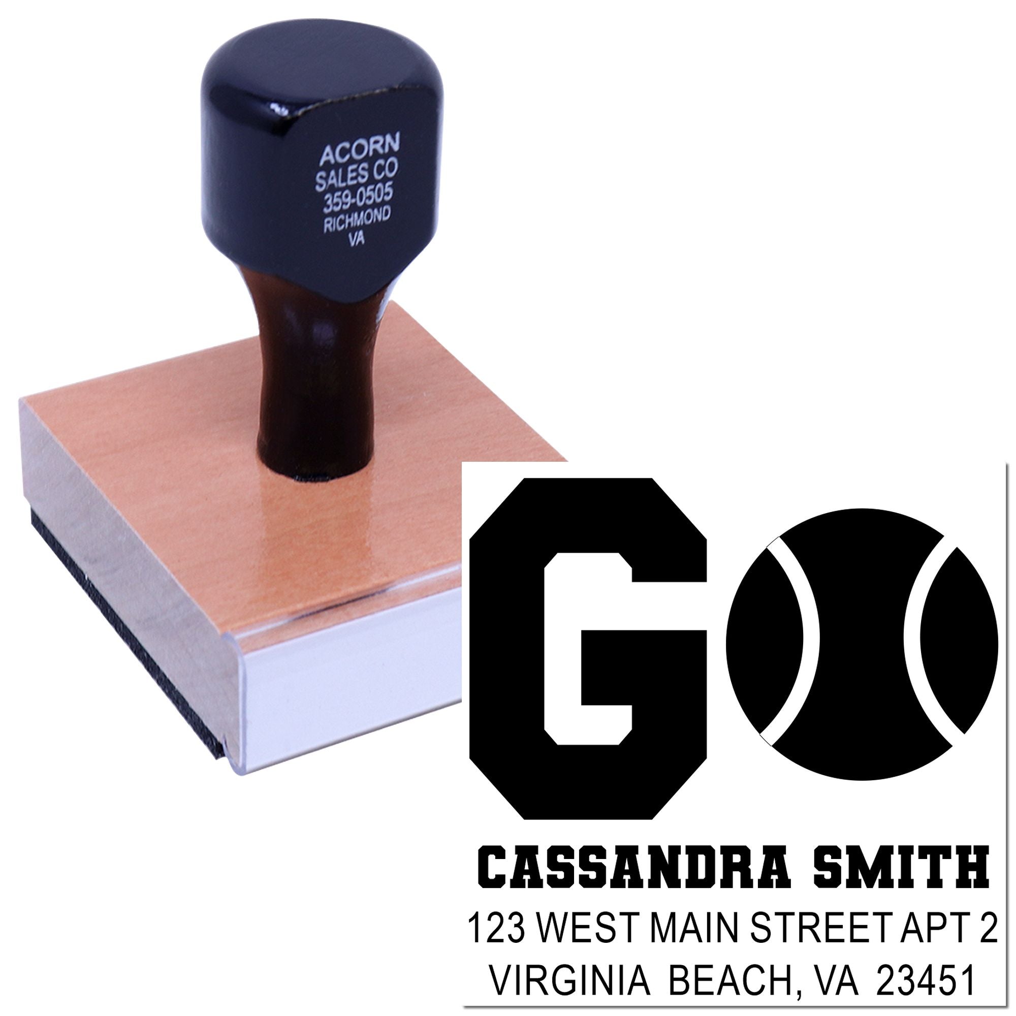 Custom rubber address stamp for Cassandra Smith, Virginia Beach VA, with logo design for mailing and branding.