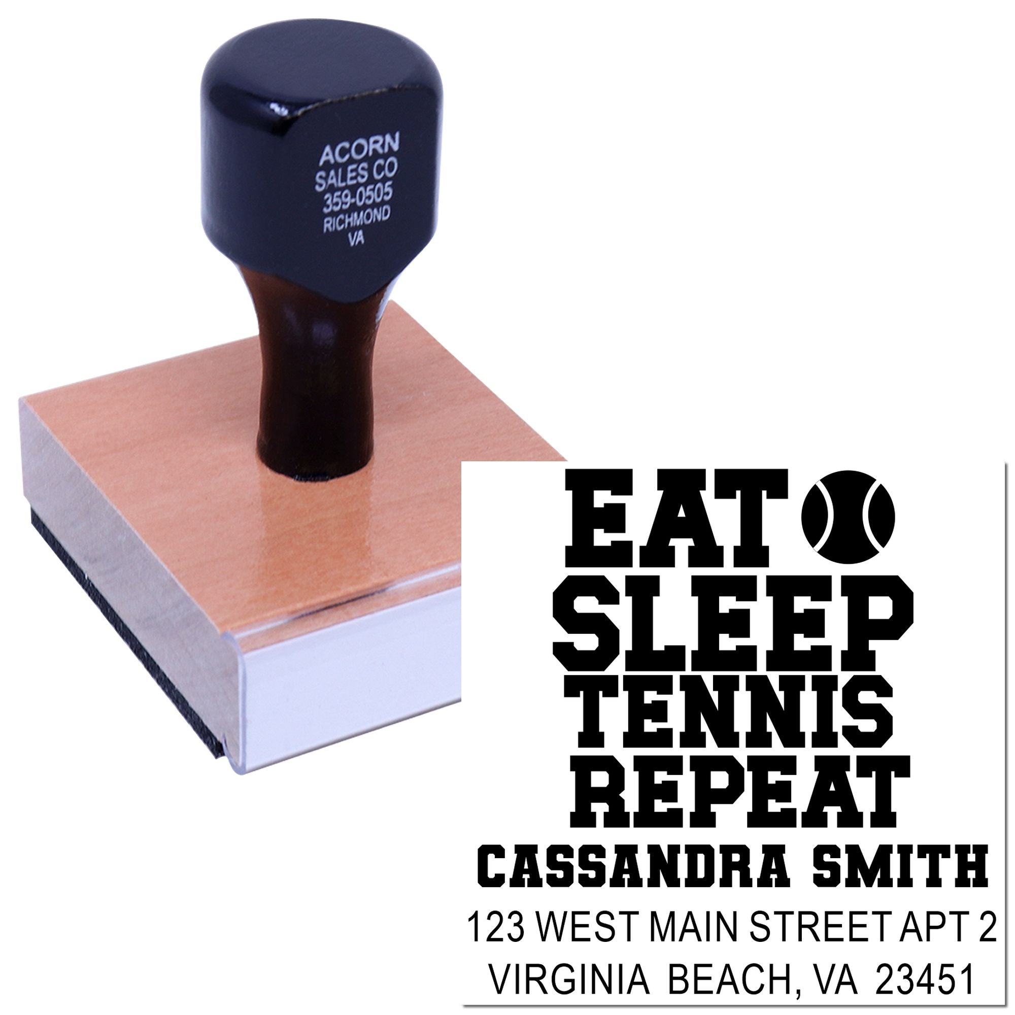 Custom rubber address stamp with Eat Sleep Tennis Repeat design for personalized tennis fan mailings and return addresses.