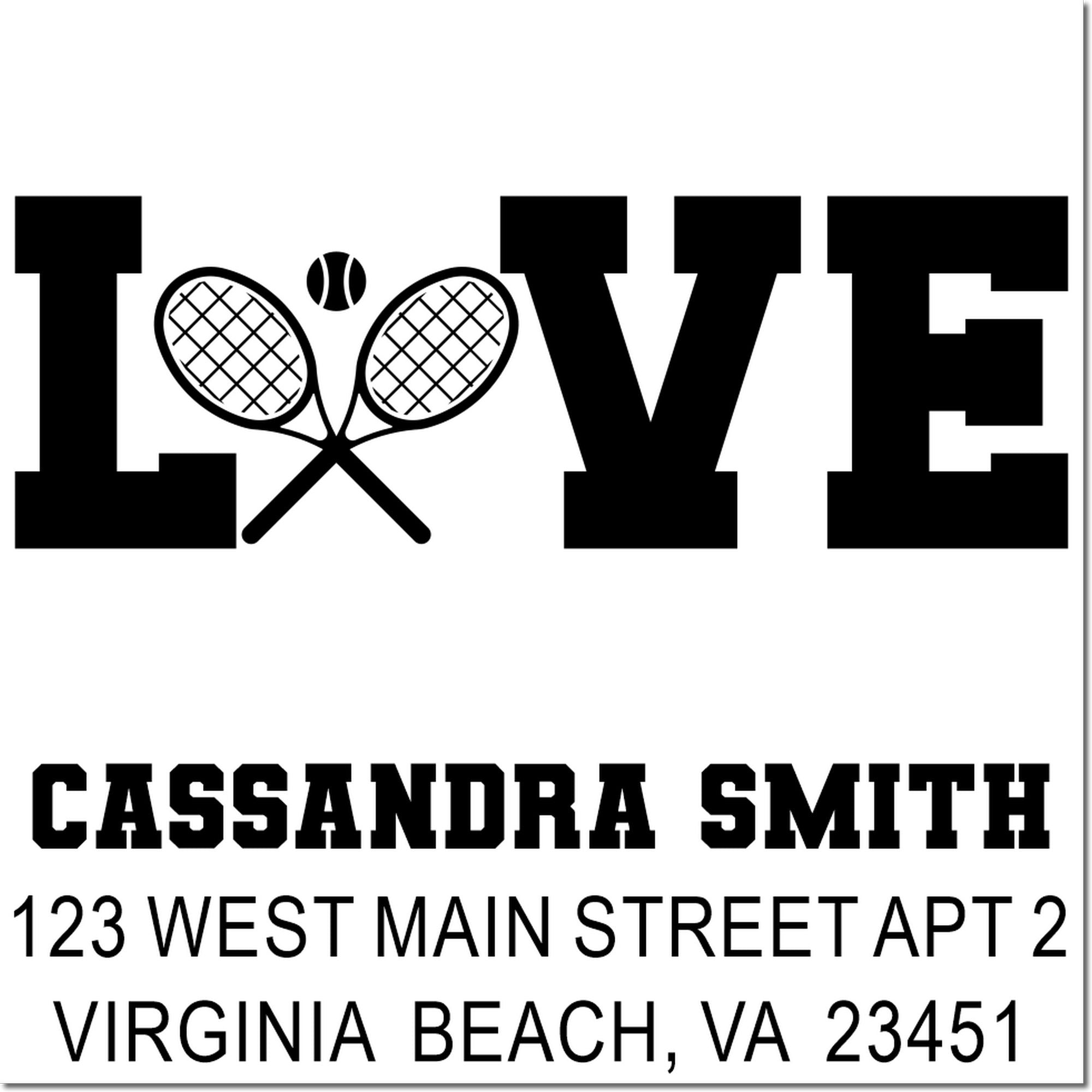Custom tennis love address rubber stamp with Cassandra Smith, Virginia Beach VA 23451 for personalized stationery and mail.