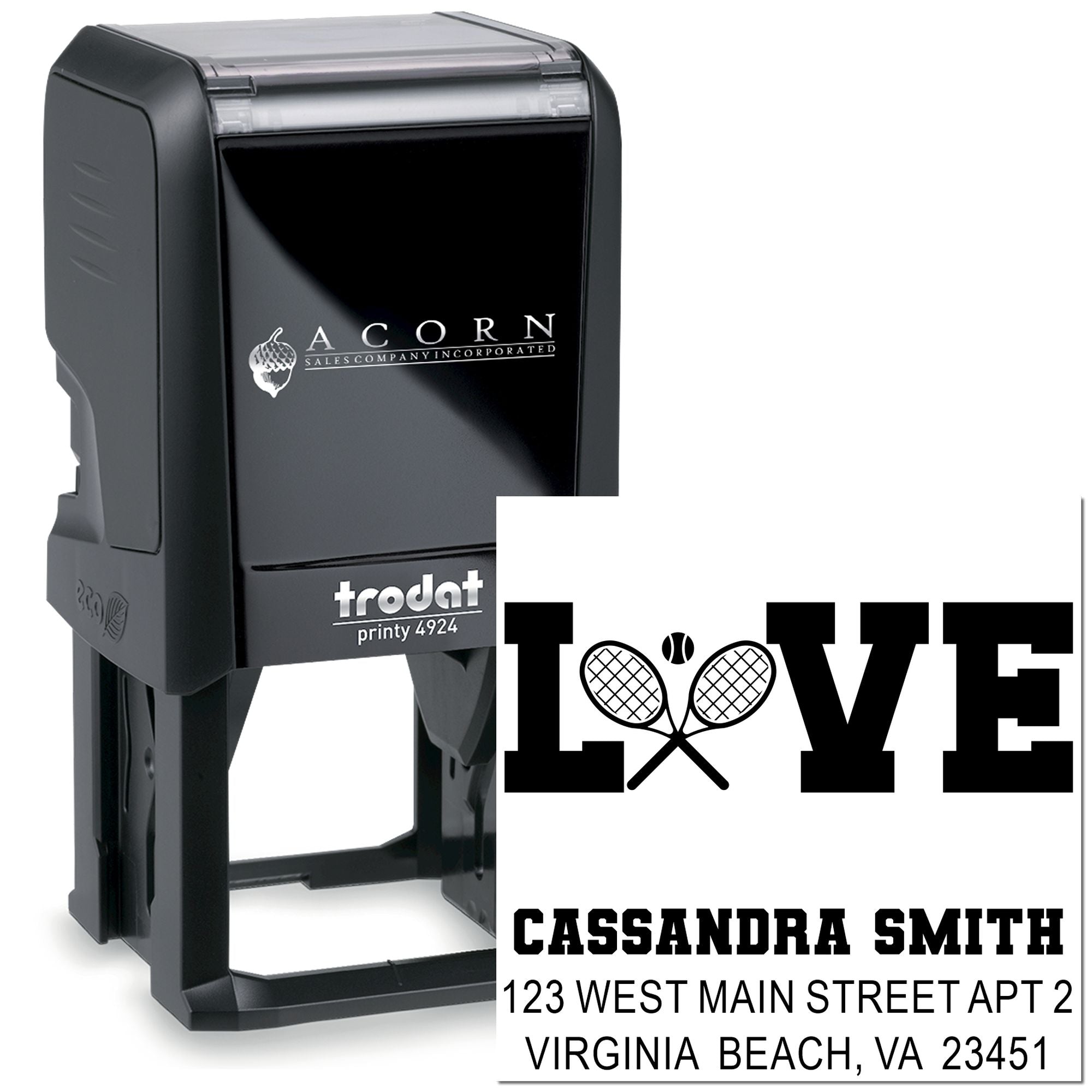 Custom self-inking rubber address stamp with tennis LOVE design, name, and address for personalized sports-themed mailing.