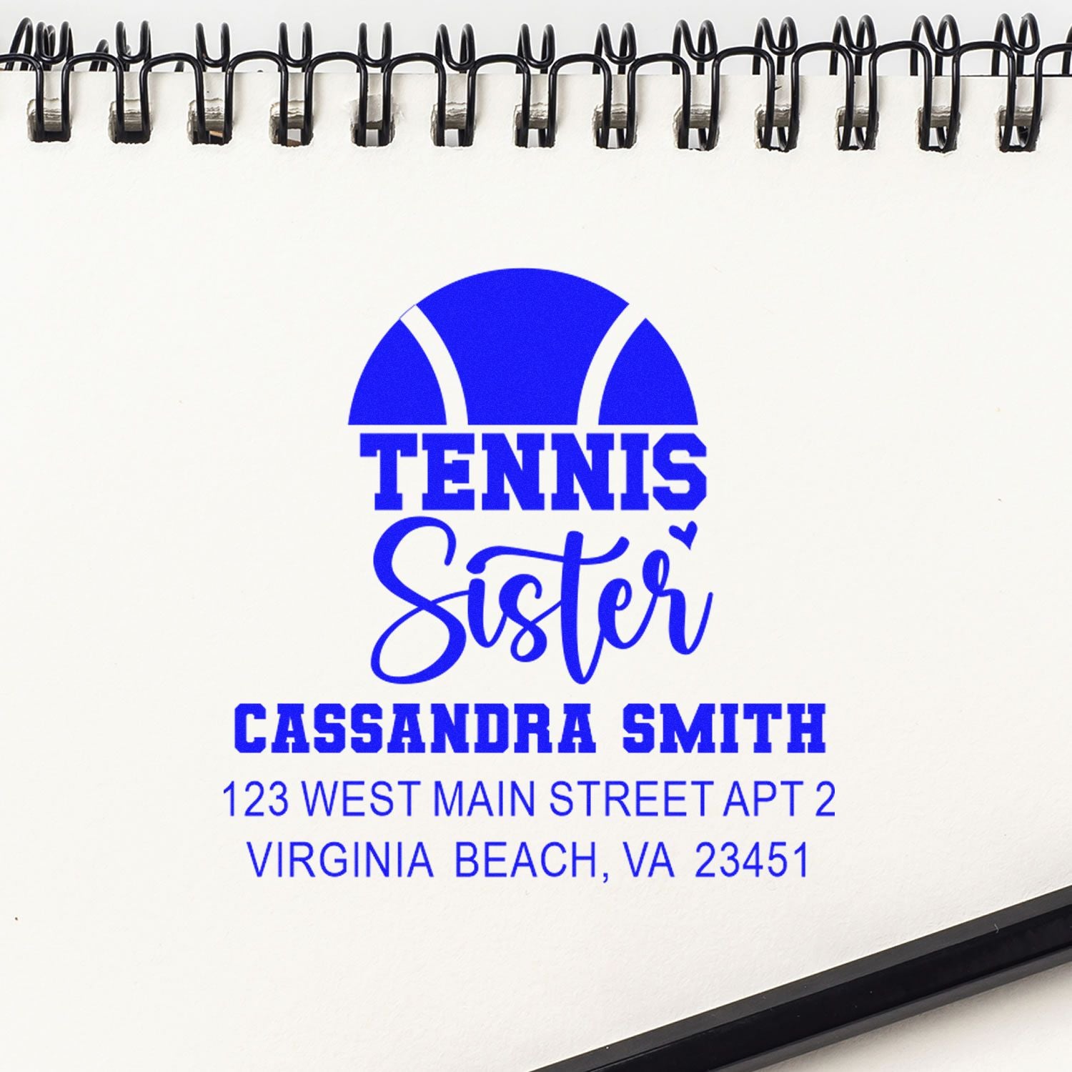 Custom tennis sister rubber stamp with name and address for personalized stationery and mailing labels.