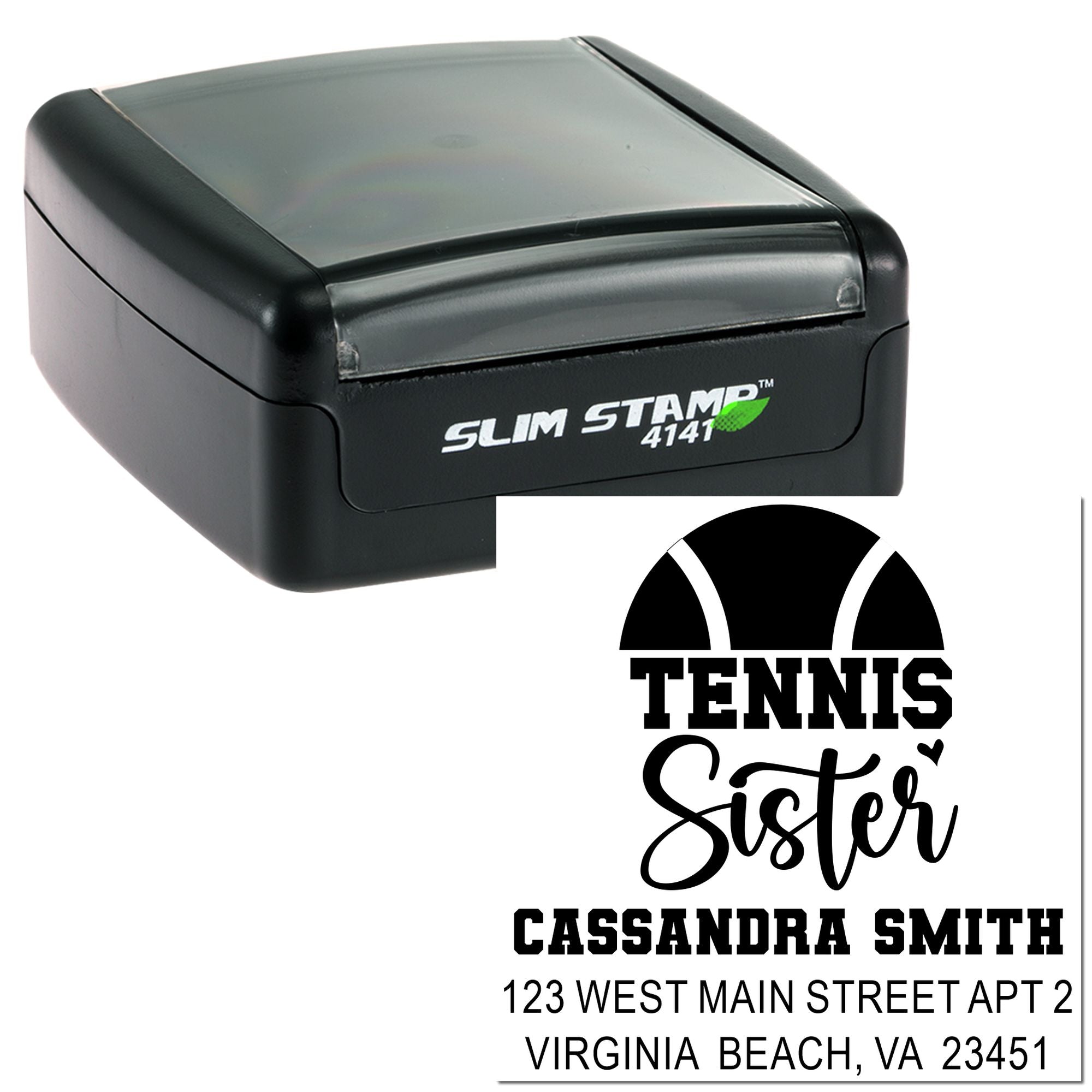 Custom tennis sister return address rubber stamp in Slim Stamp 4141 case for personalized mail and gifts