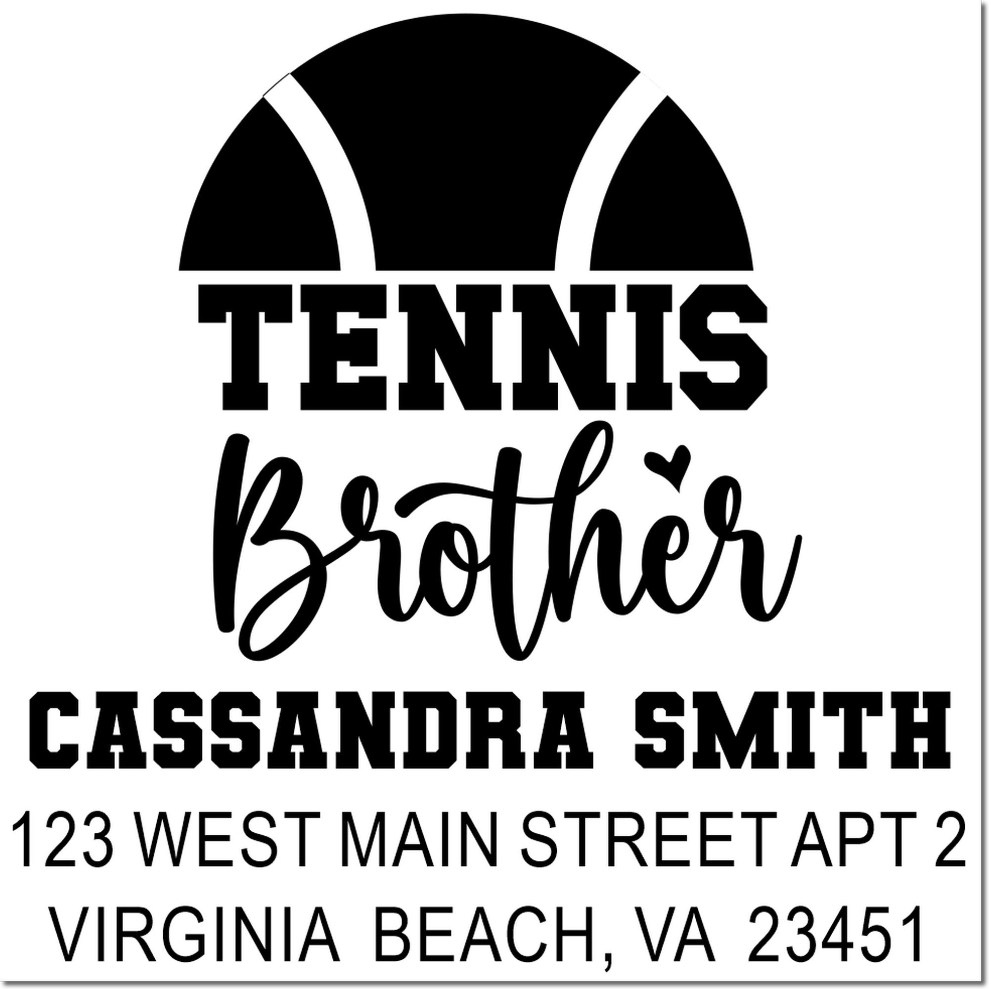 Custom tennis brother return address rubber stamp for Cassandra Smith, Virginia Beach, VA 23451.