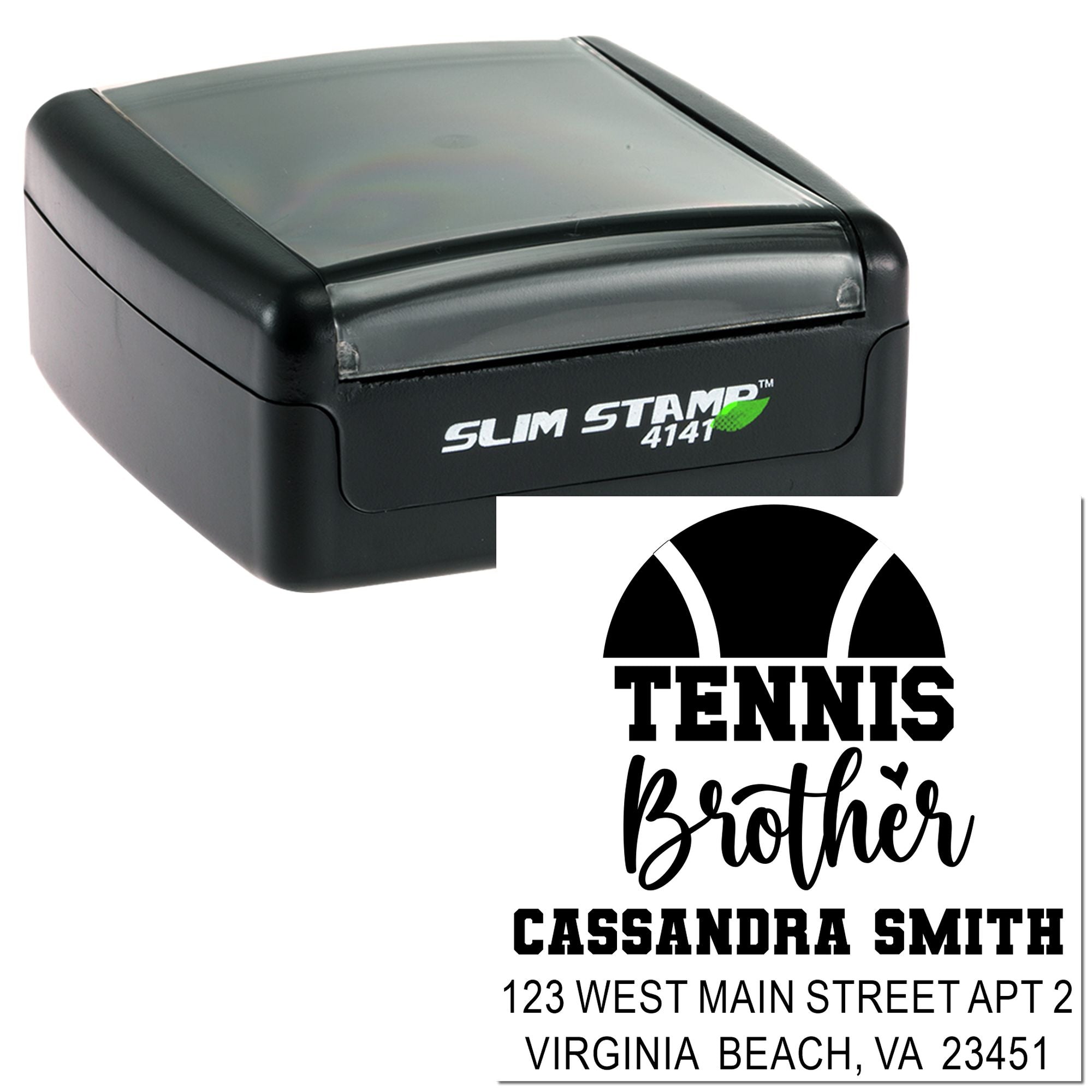 Custom self-inking rubber stamp with tennis brother return address design and Virginia Beach mailing details.