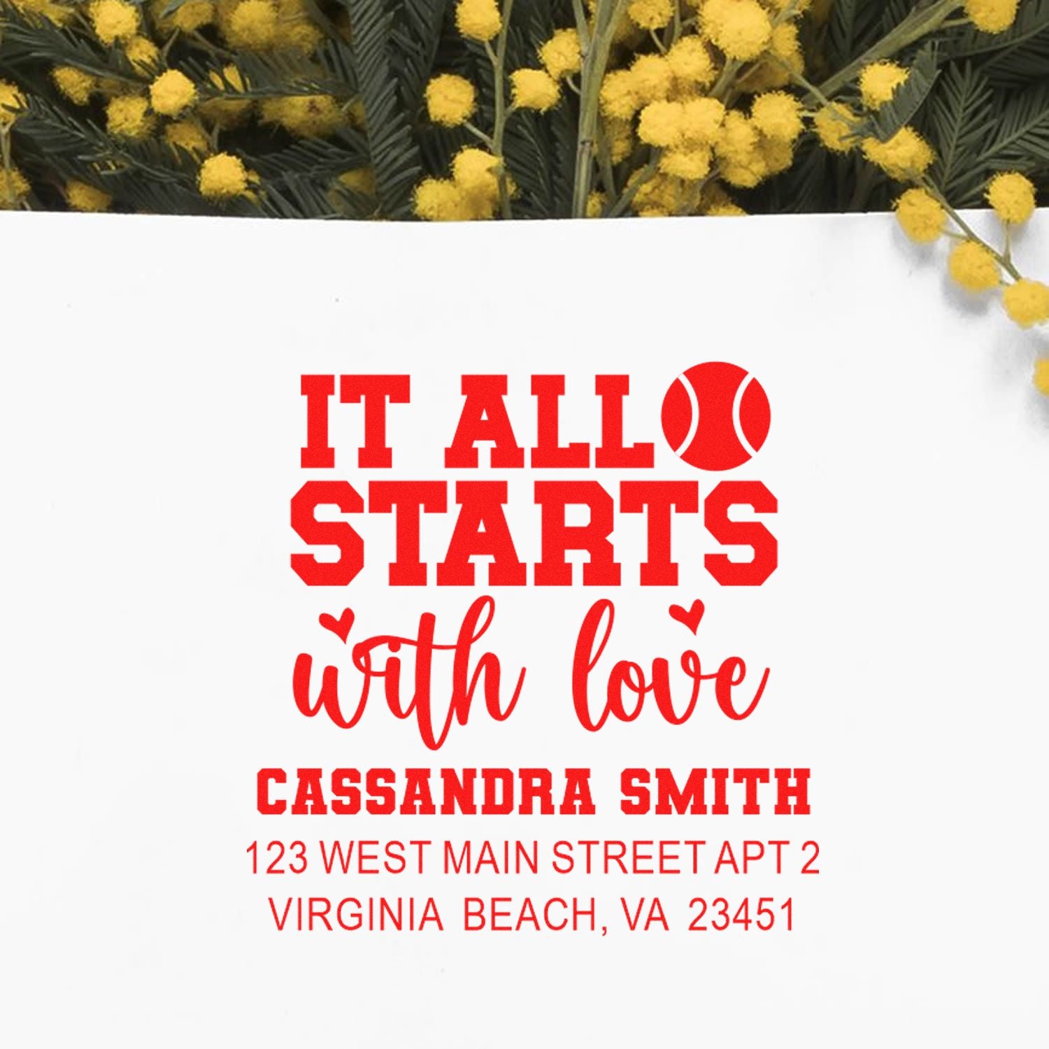 Personalized custom rubber return address stamp with It all starts with love, baseball icon, and Cassandra Smith address.