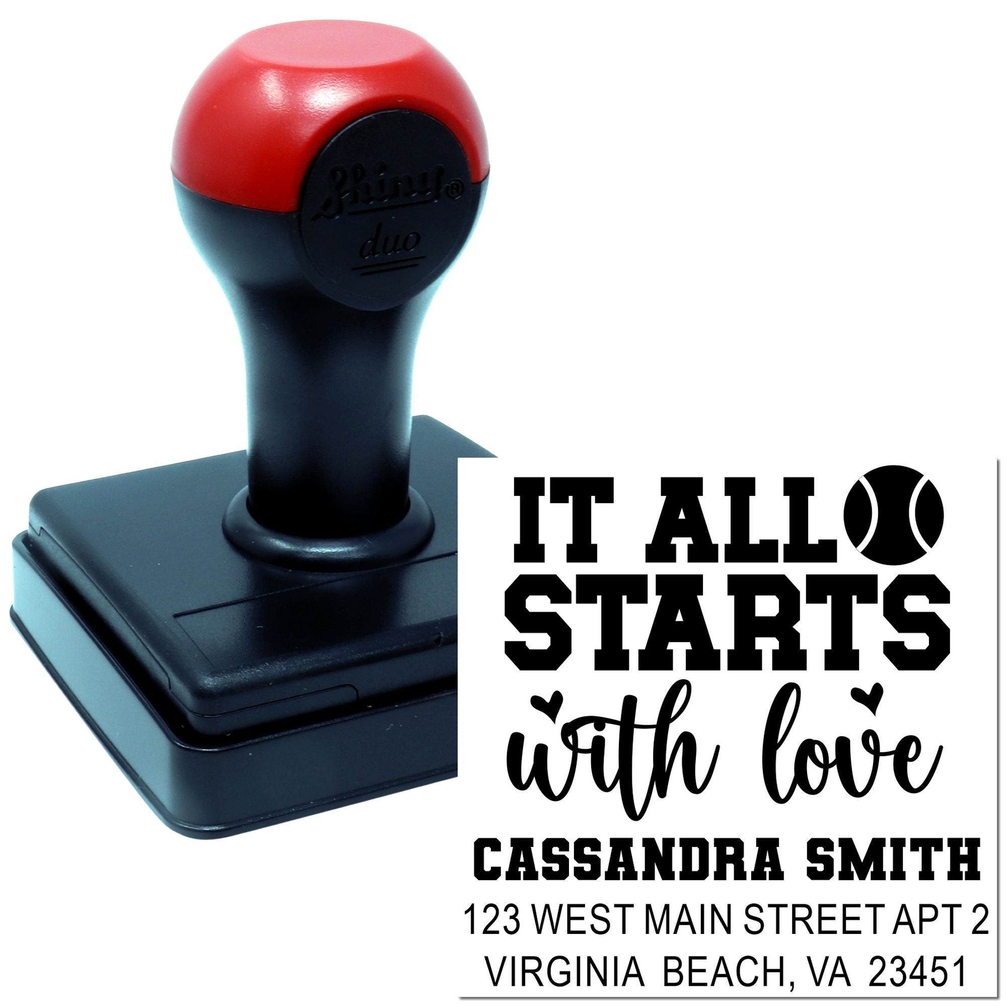 Custom self-inking rubber stamp with It All Starts With Love return address design for personalized mailing.