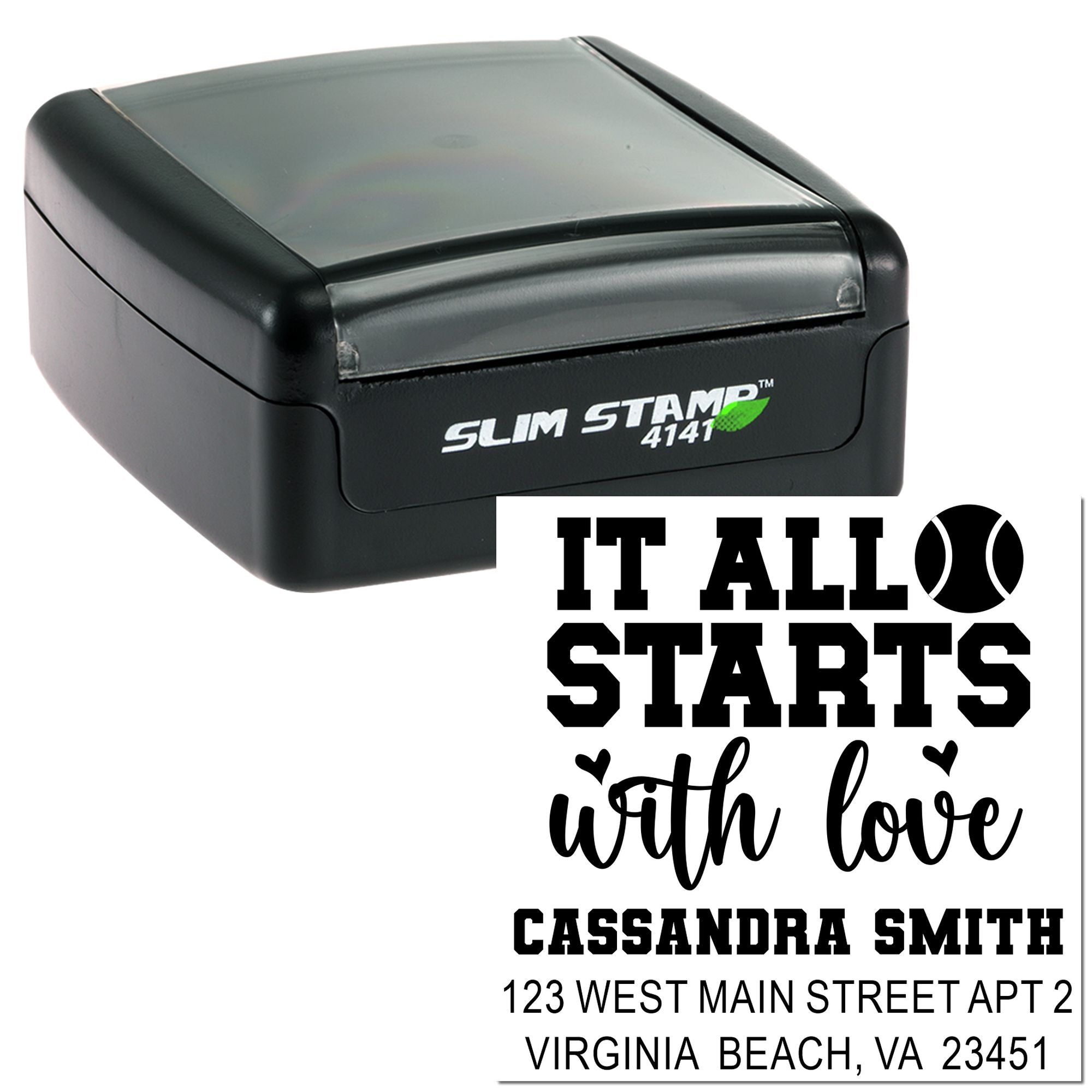 Custom self-inking rubber stamp with It All Starts with Love design, name, and address for personalized return addressing.
