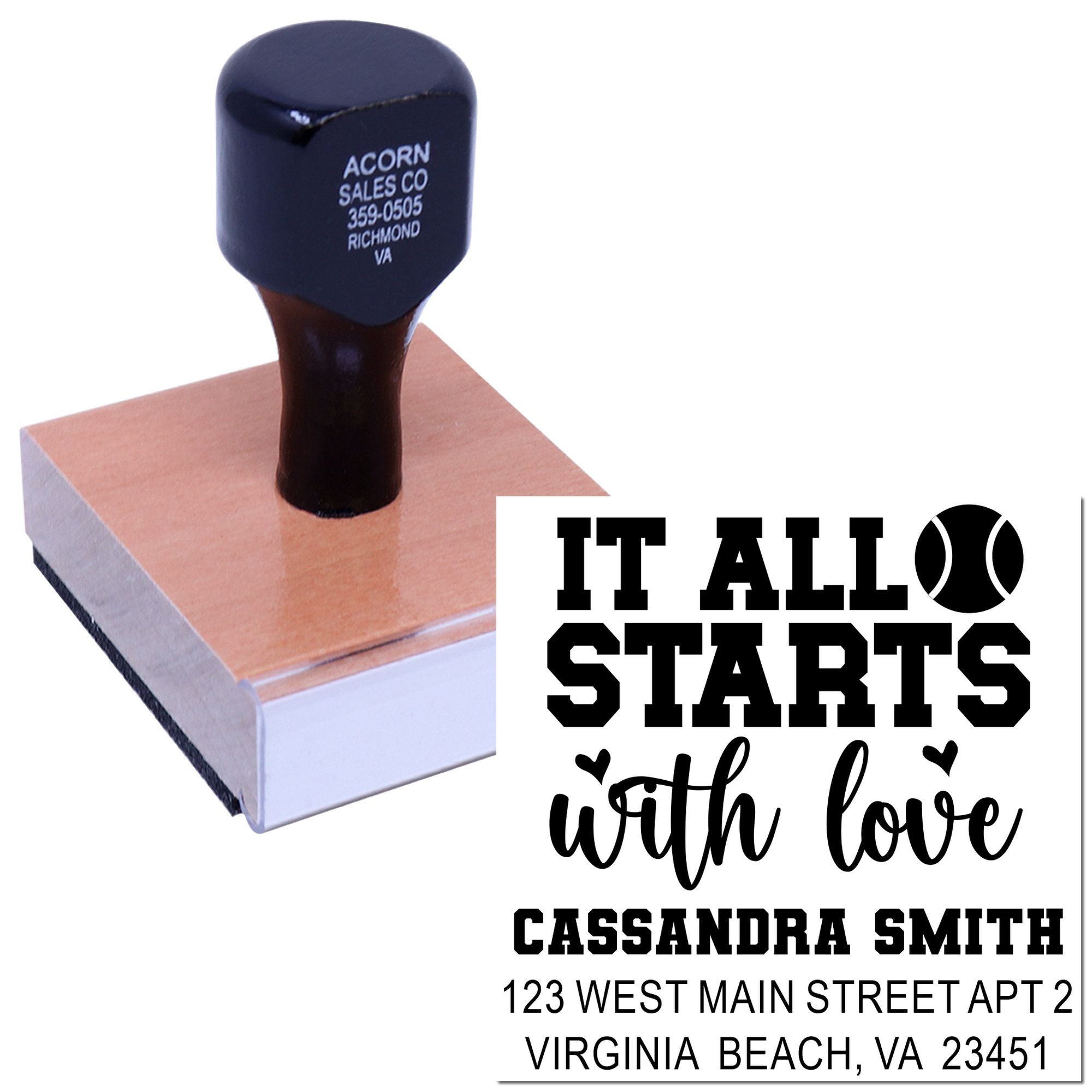 Custom rubber address stamp with It All Starts With Love design, personalized name and address for stationery.