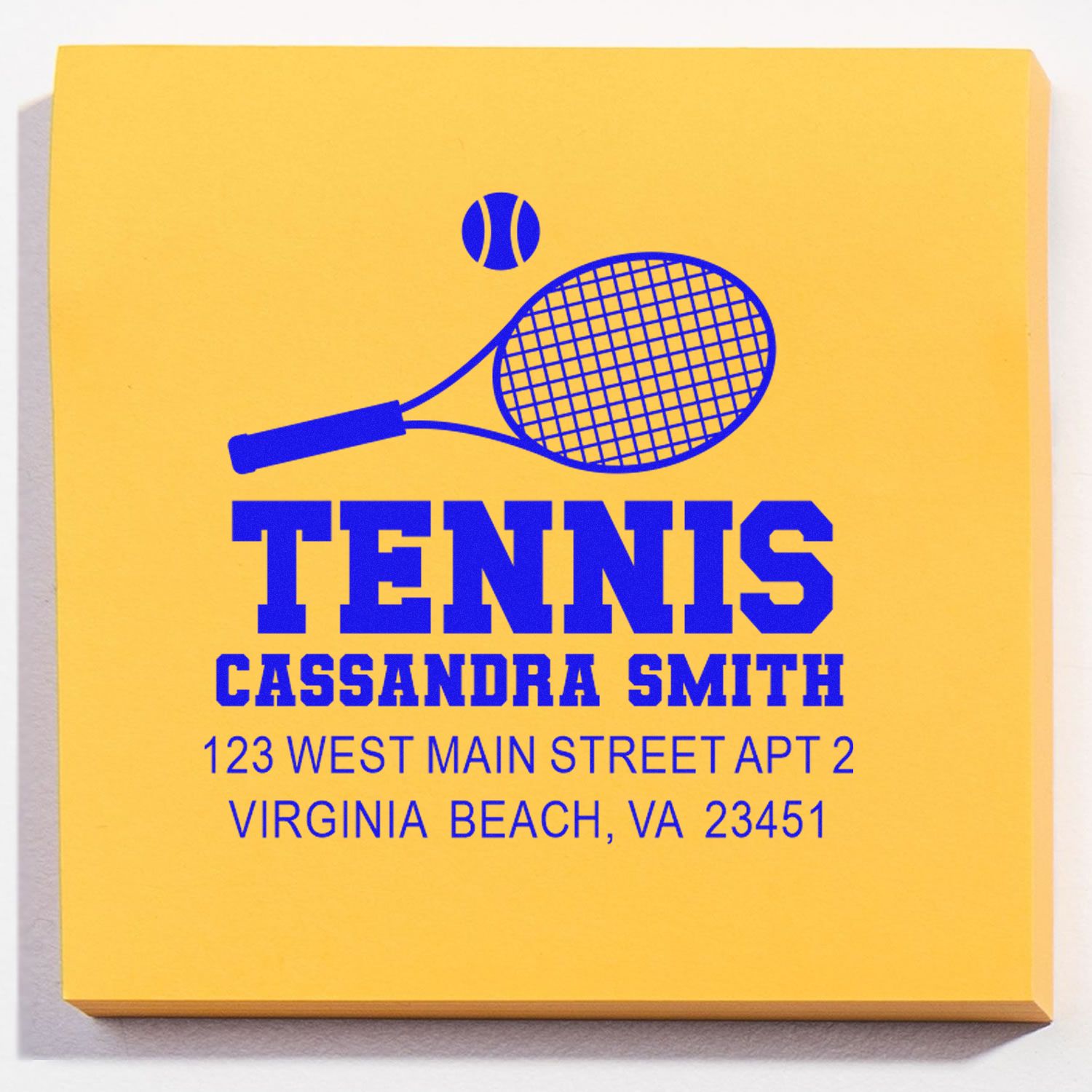 Personalized tennis return address rubber stamp for Cassandra Smith, Virginia Beach VA, with racket and ball design.
