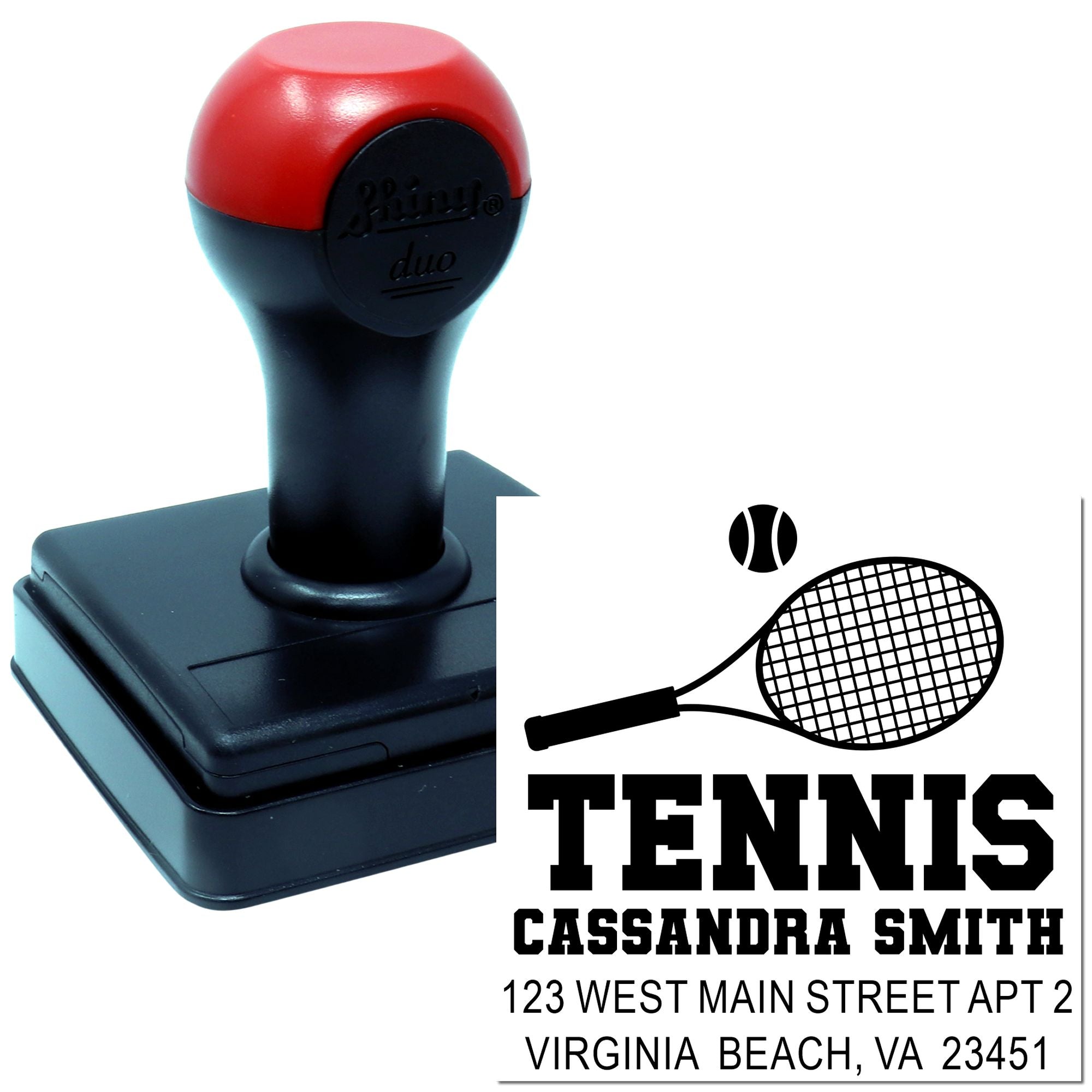 Custom tennis self-inking rubber stamp with racket logo for personalized return address labels.