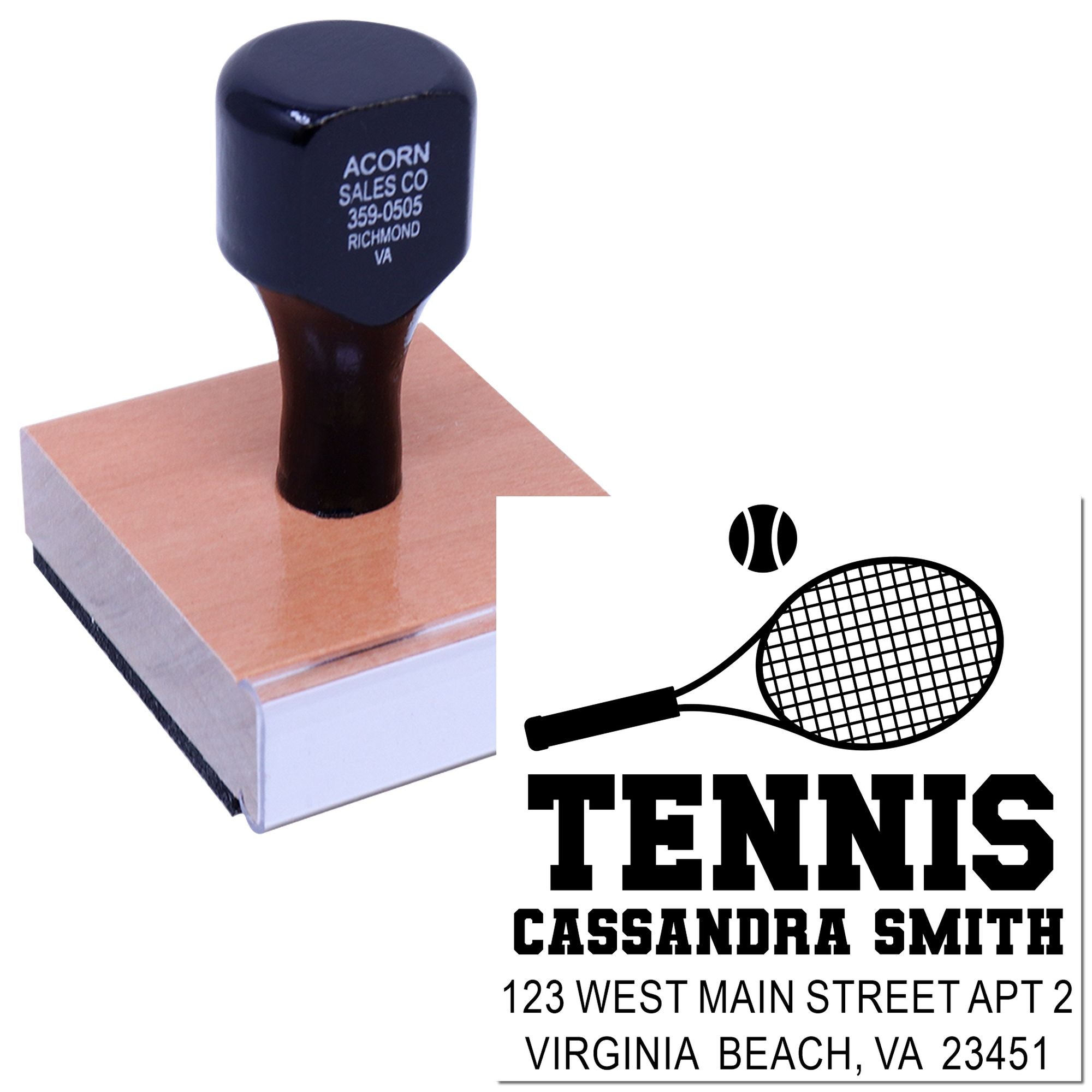 Personalized tennis address rubber stamp with racquet logo, custom name, and mailing address imprint.