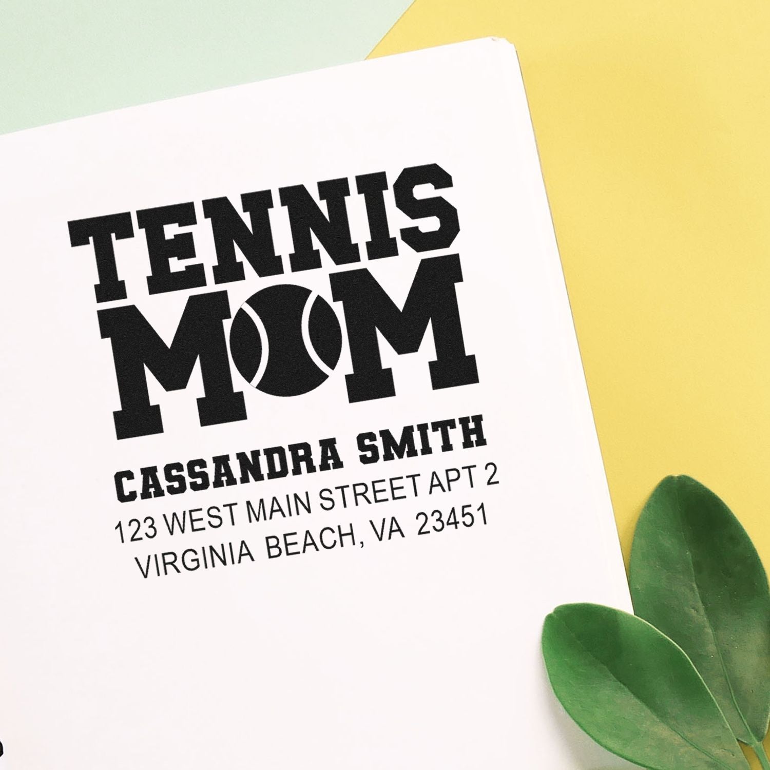 Personalized Tennis Mom custom rubber stamp sample with return address and bold sports design