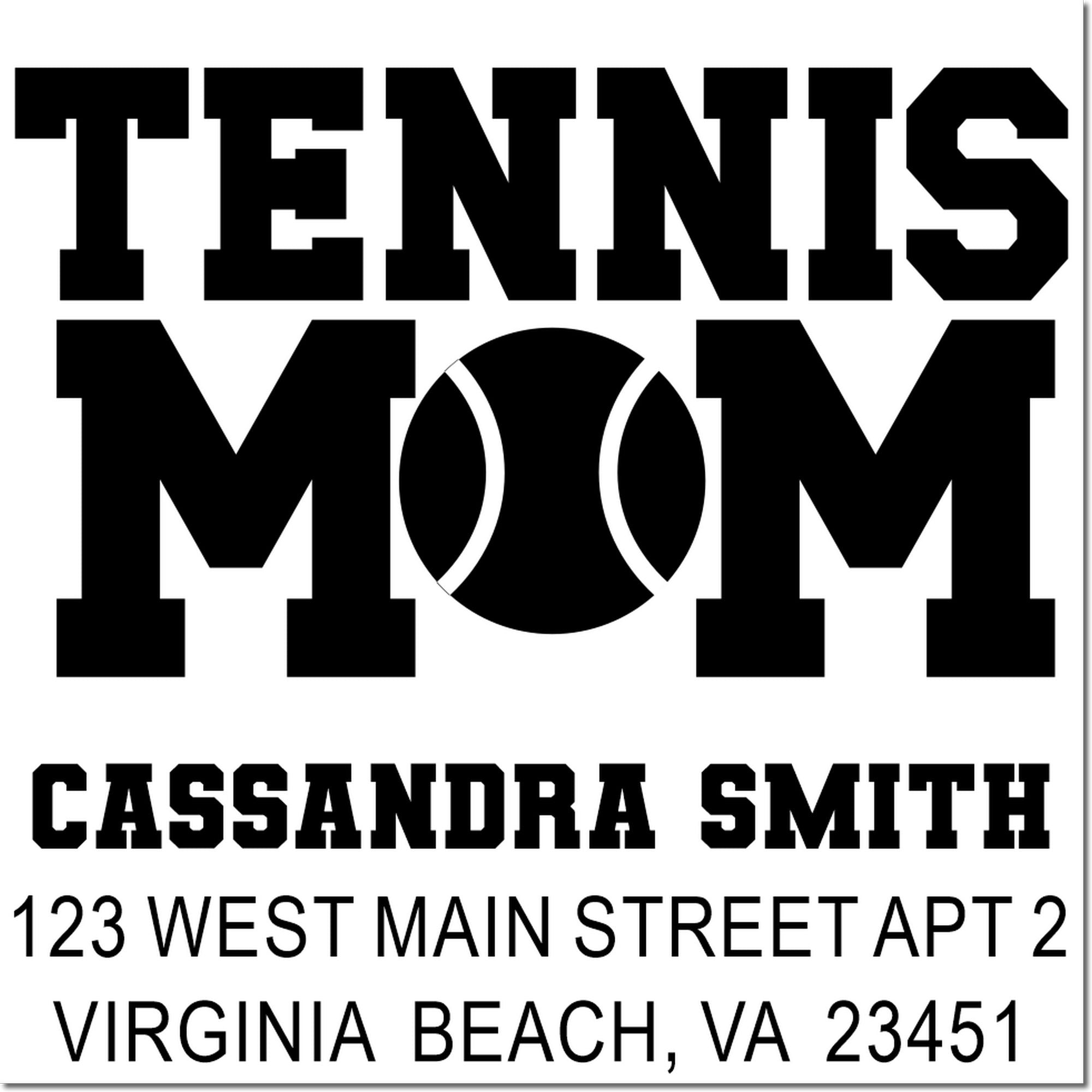 Custom tennis mom rubber stamp with personalized name and address, featuring tennis ball design for mailing and gifts.