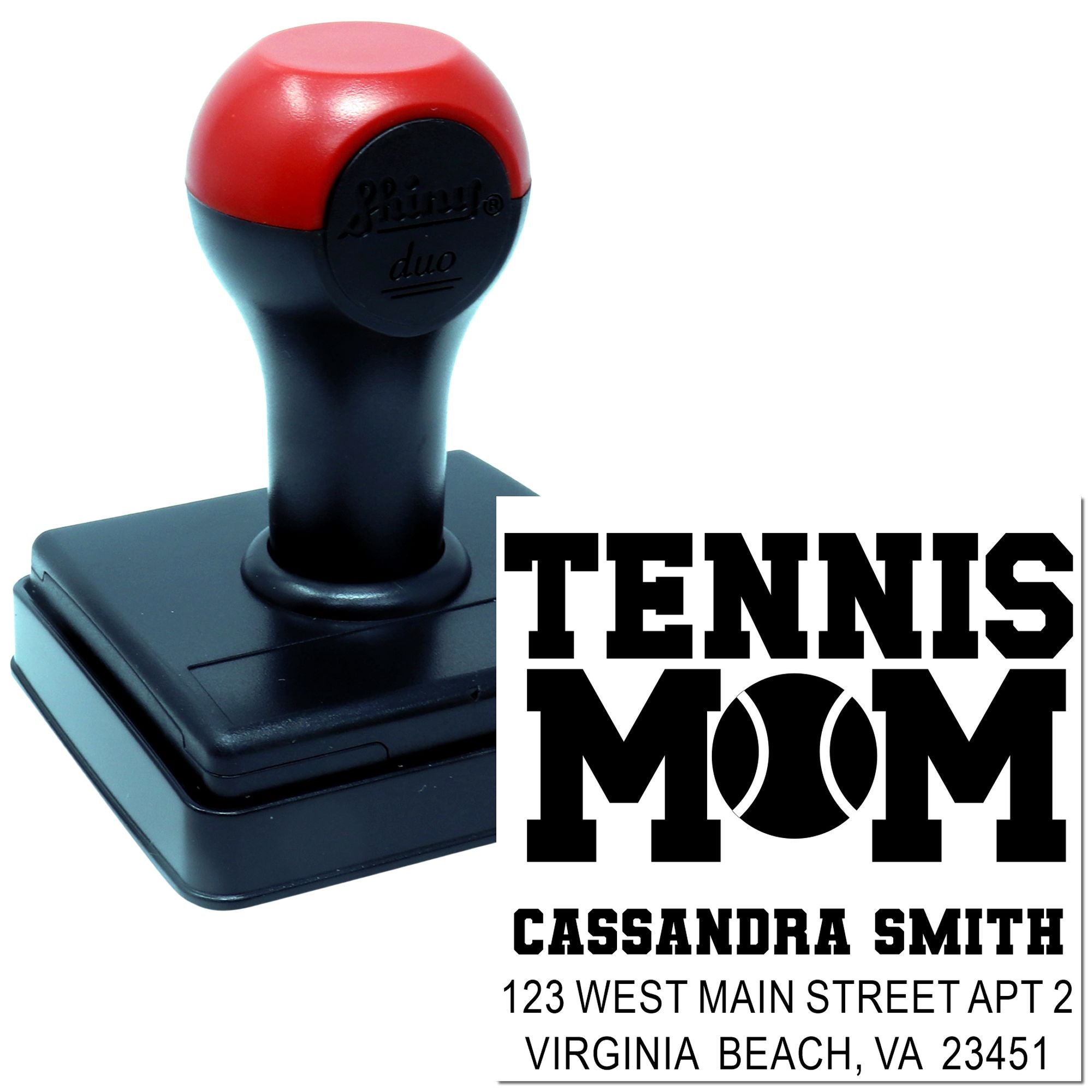 Custom self-inking rubber stamp for Tennis Mom return address labels, personalized with Cassandra Smith.
