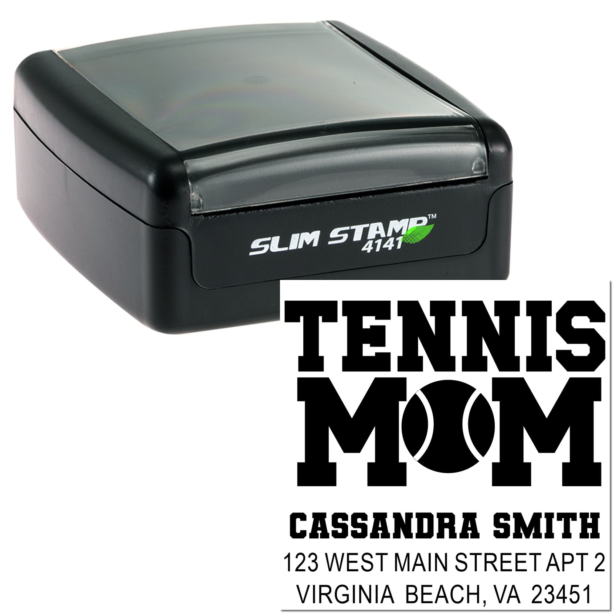 Slim Stamp 4141 self-inking rubber stamp with custom Tennis Mom name and address imprint for personalized mailing.