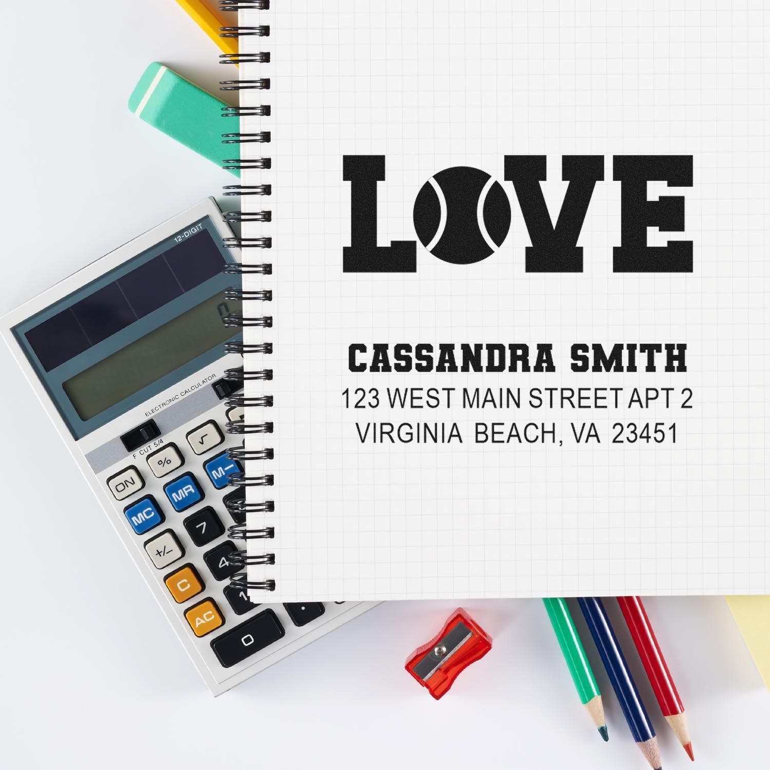 Custom address rubber stamp with LOVE design for personalized stationery, envelopes, and craft projects.