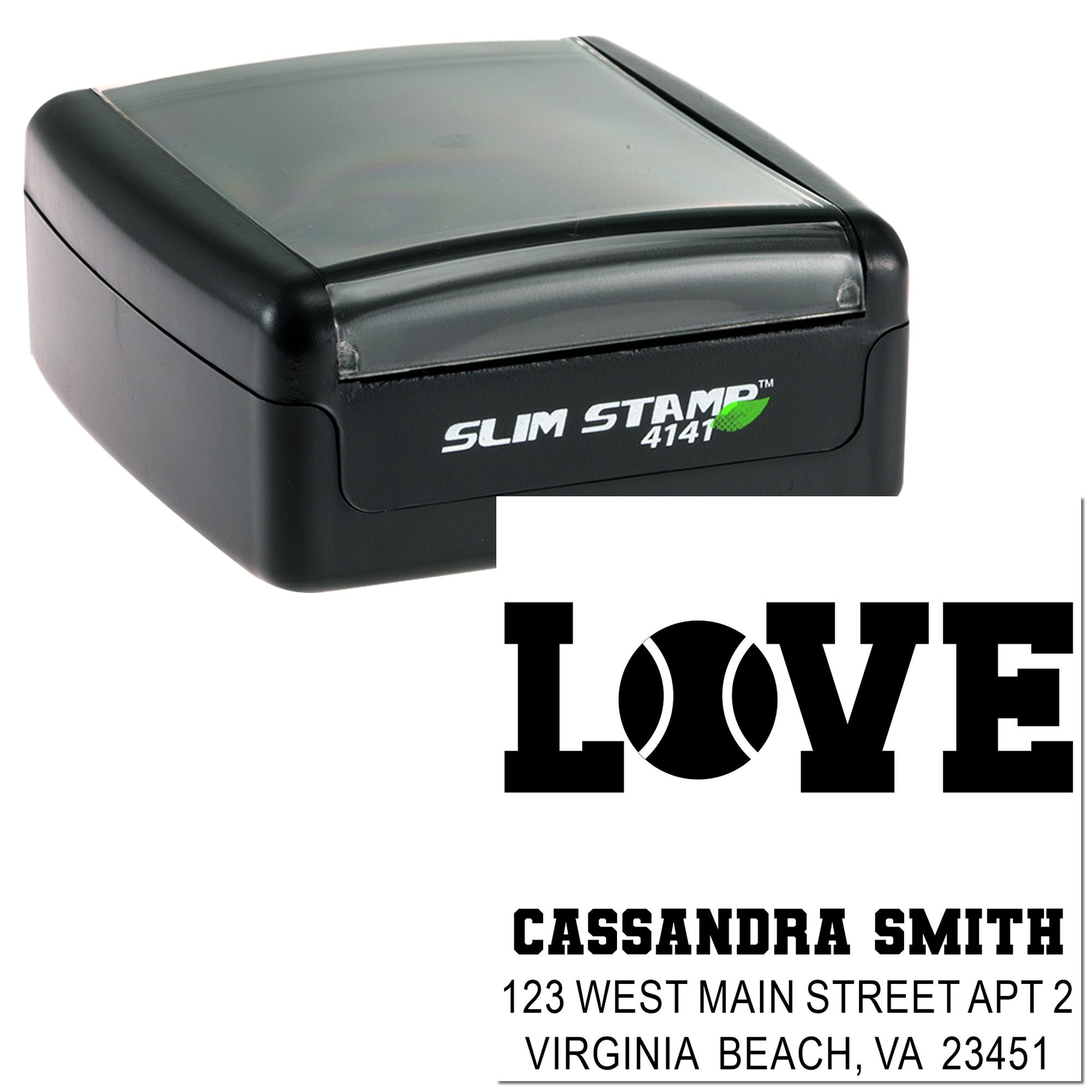 Custom self-inking rubber return address stamp with LOVE design for wedding invitations and personalized mailings.