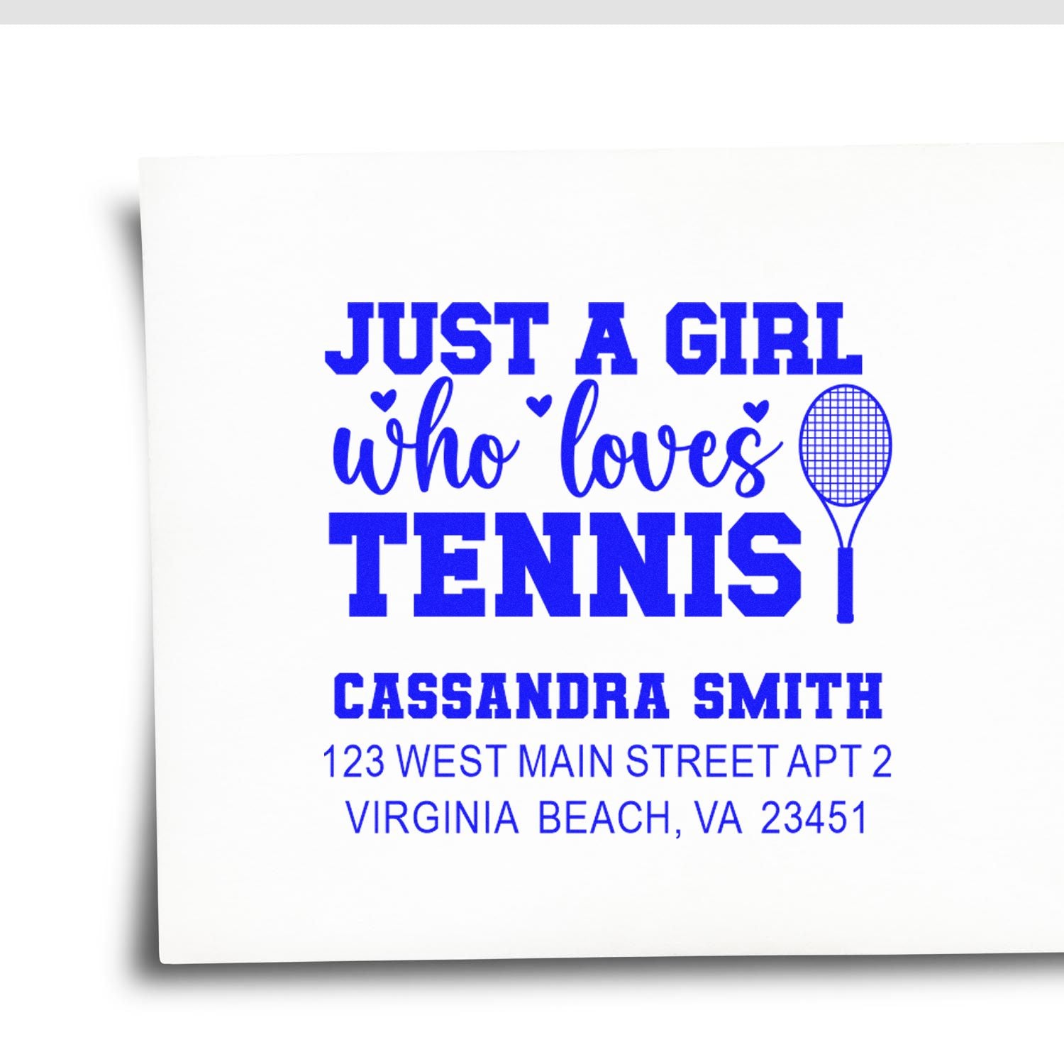 Personalized tennis lover rubber stamp with Just a Girl Who Loves Tennis, name, and address.