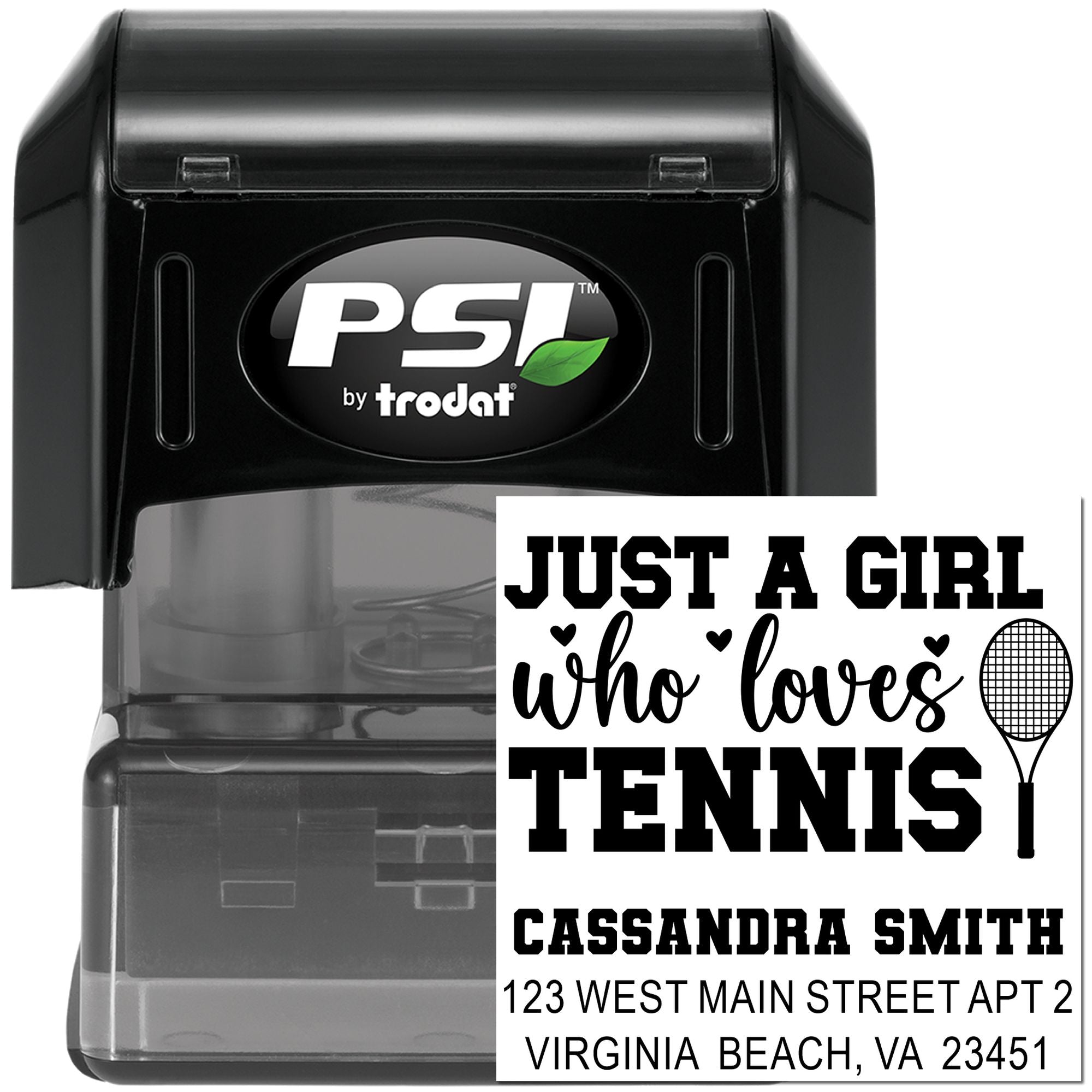 PSI by Trodat self-inking rubber stamp with custom tennis design and return address for personalized mailing.