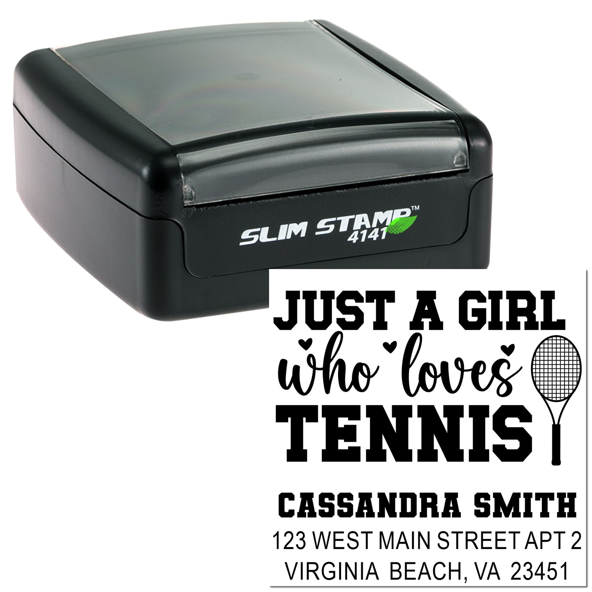 Custom self-inking rubber stamp with tennis return address design and personalized name, address.