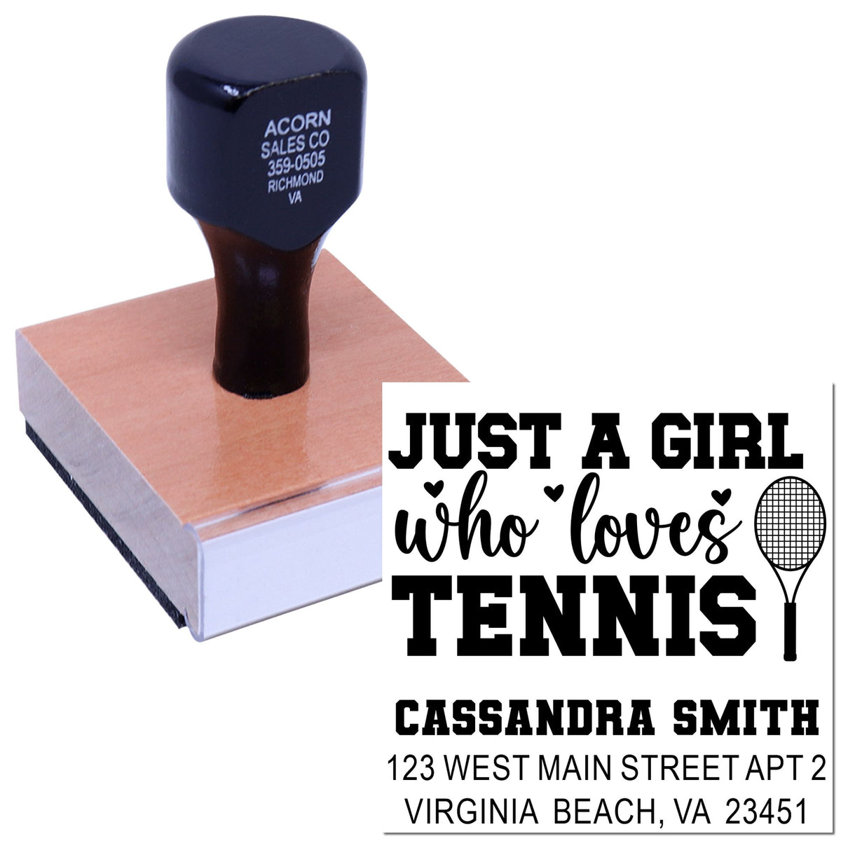 Personalized self-inking rubber stamp with tennis-themed return address and Just a girl who loves tennis design.