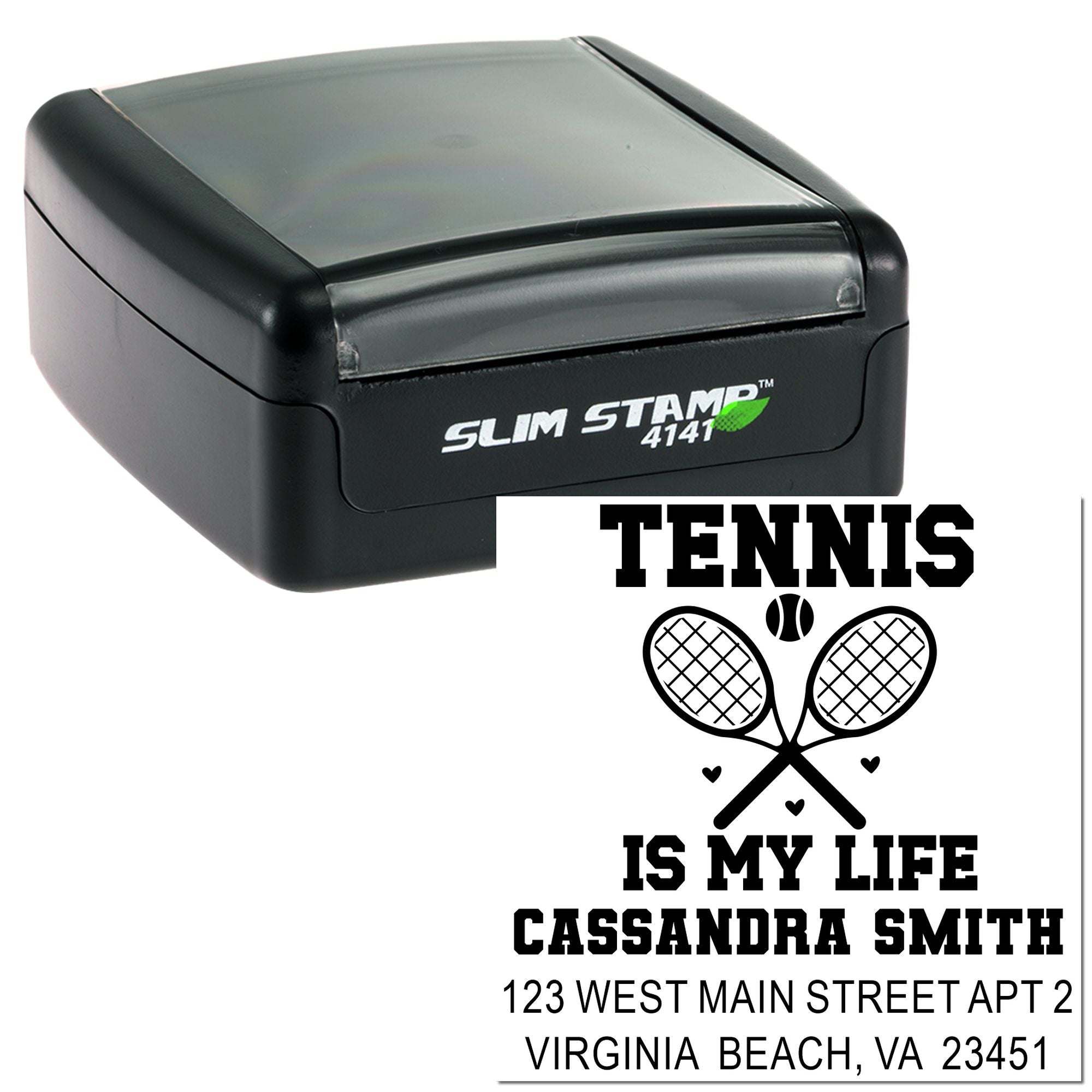 Custom tennis return address rubber stamp with slim self-inking stamp and sample imprint for Cassandra Smith, Virginia Beach, VA