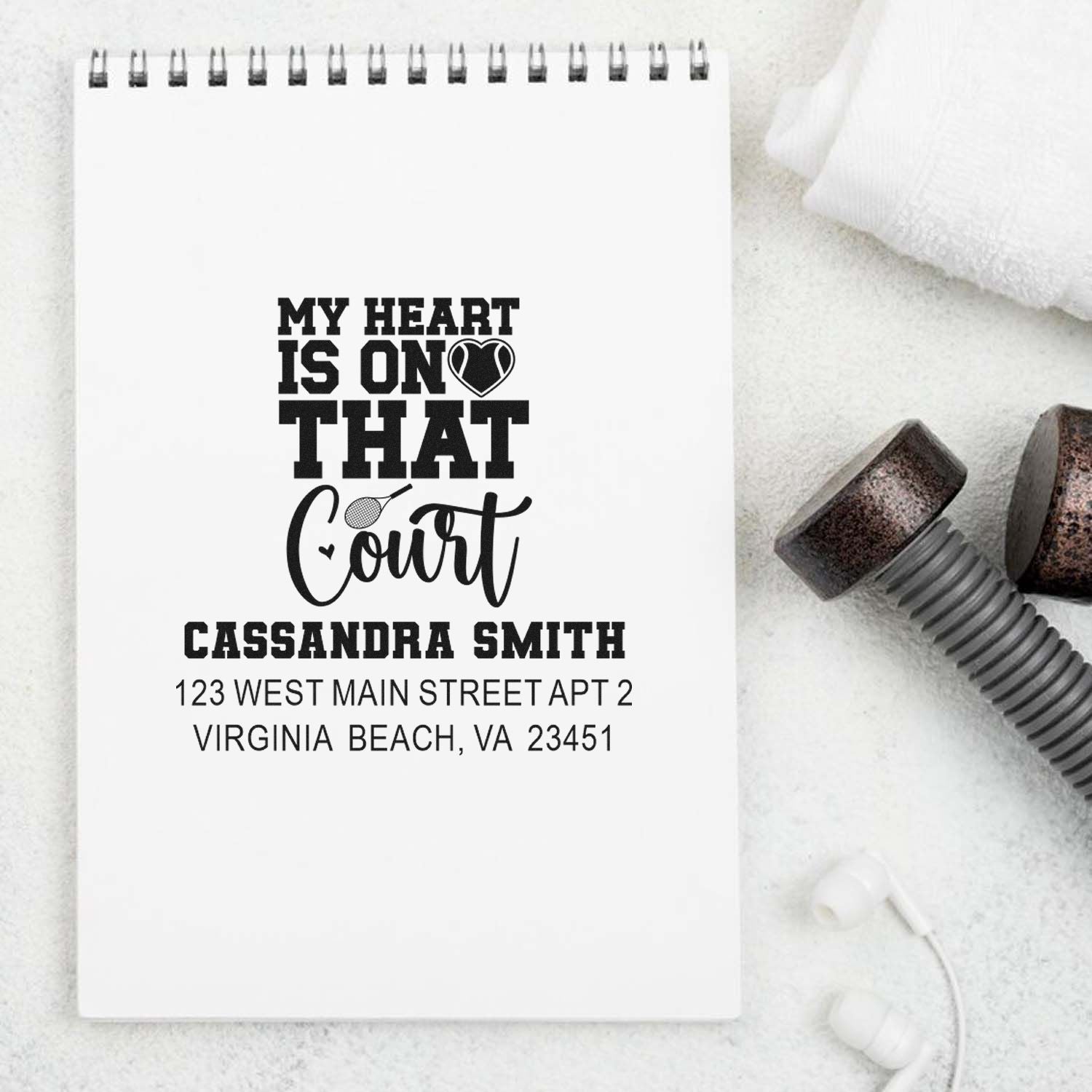 Personalized tennis rubber stamp with My Heart Is on That Court text, name, and address for custom stationery.