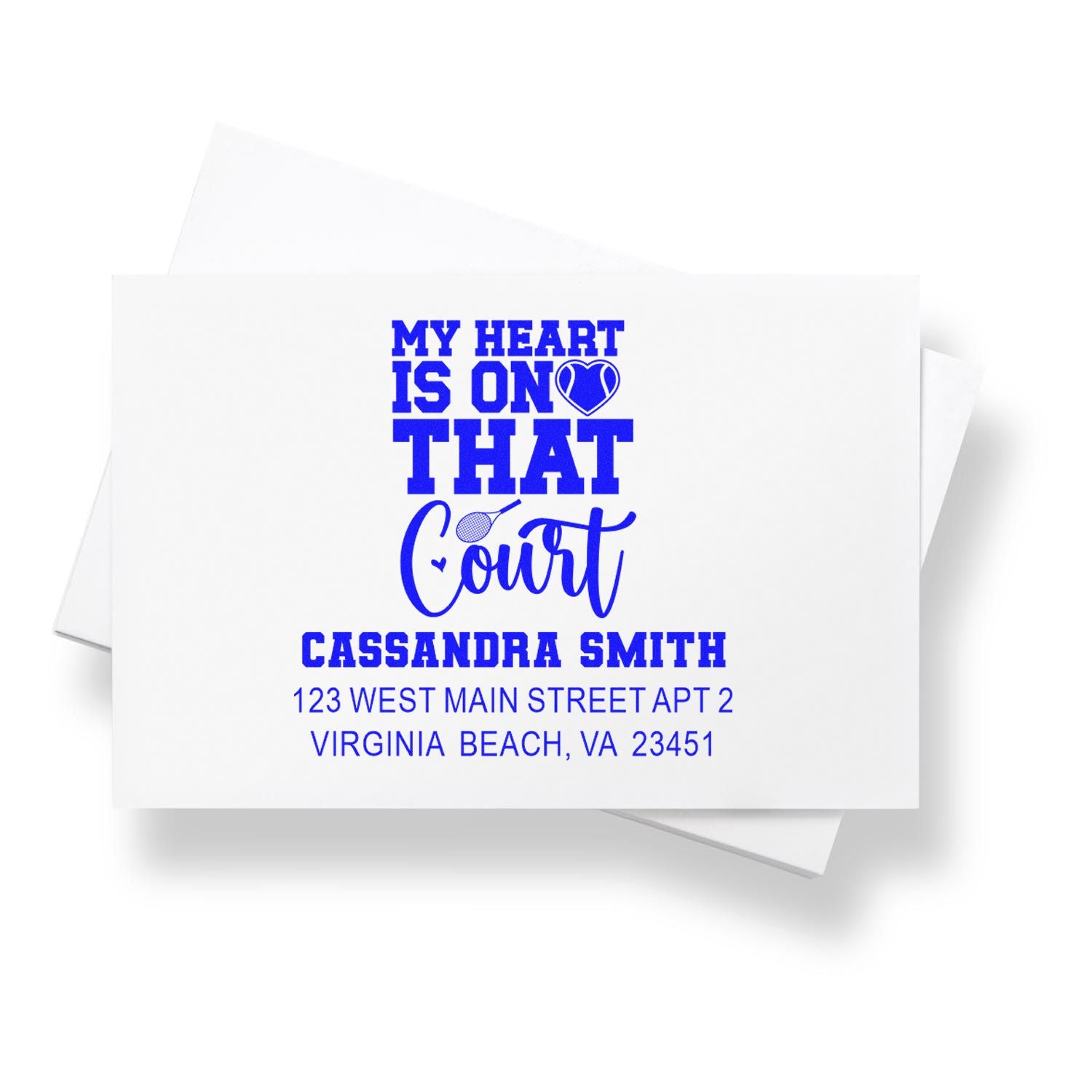 Personalized tennis return address rubber stamp with My Heart Is on That Court design for custom sports-themed envelopes.