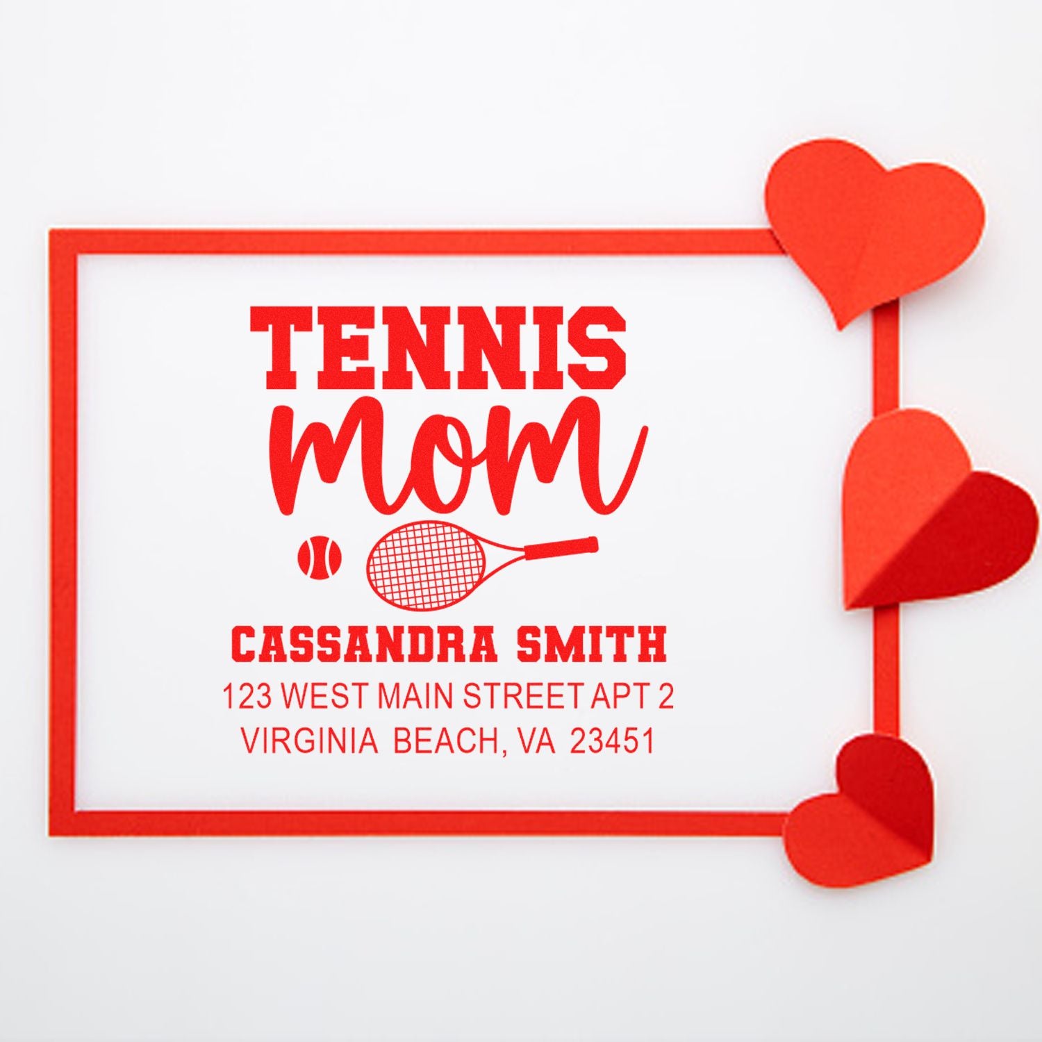 Custom tennis mom rubber stamp with name and address, featuring racket, tennis ball, and heart accents.