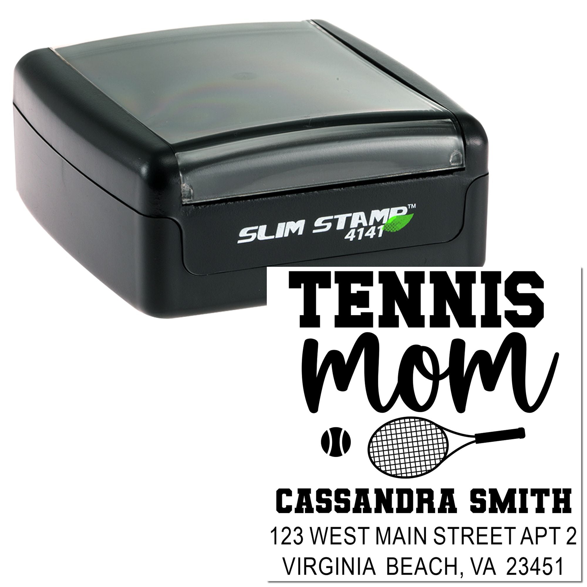 Custom self-inking rubber stamp for tennis mom with name, address, tennis racket and ball design for personalized return address use