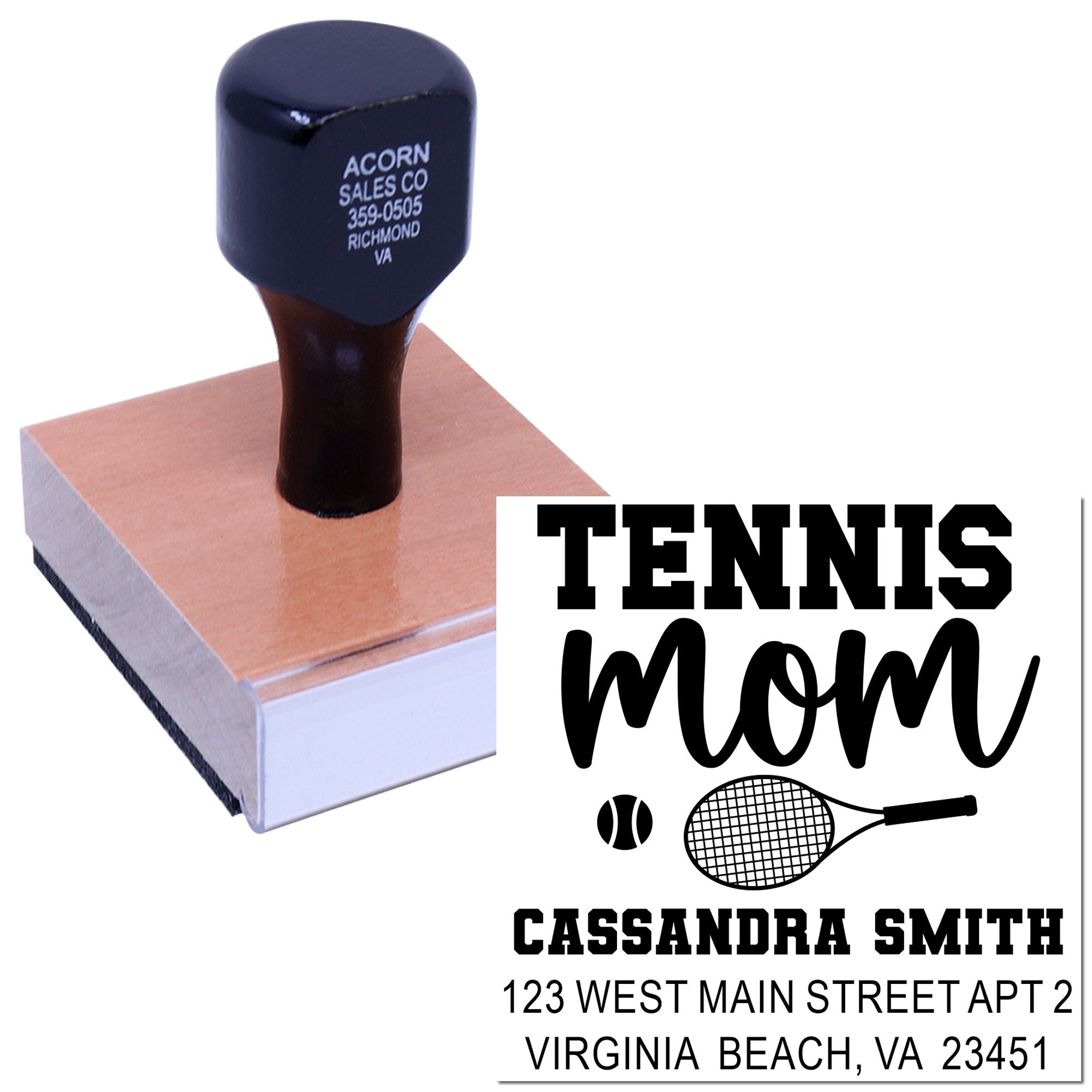 Custom rubber stamp with Tennis Mom design and personalized name and address for mailing envelopes and stationery.
