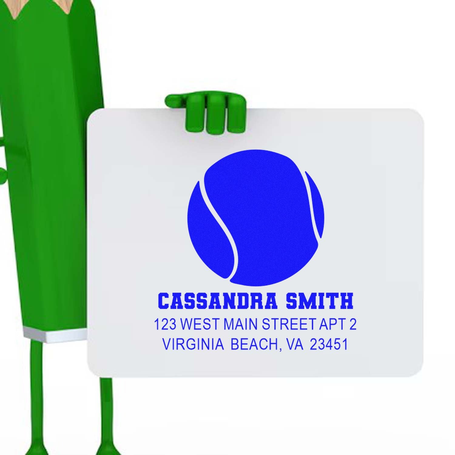 Custom rubber stamp with tennis ball logo and Cassandra Smith address, Virginia Beach, VA