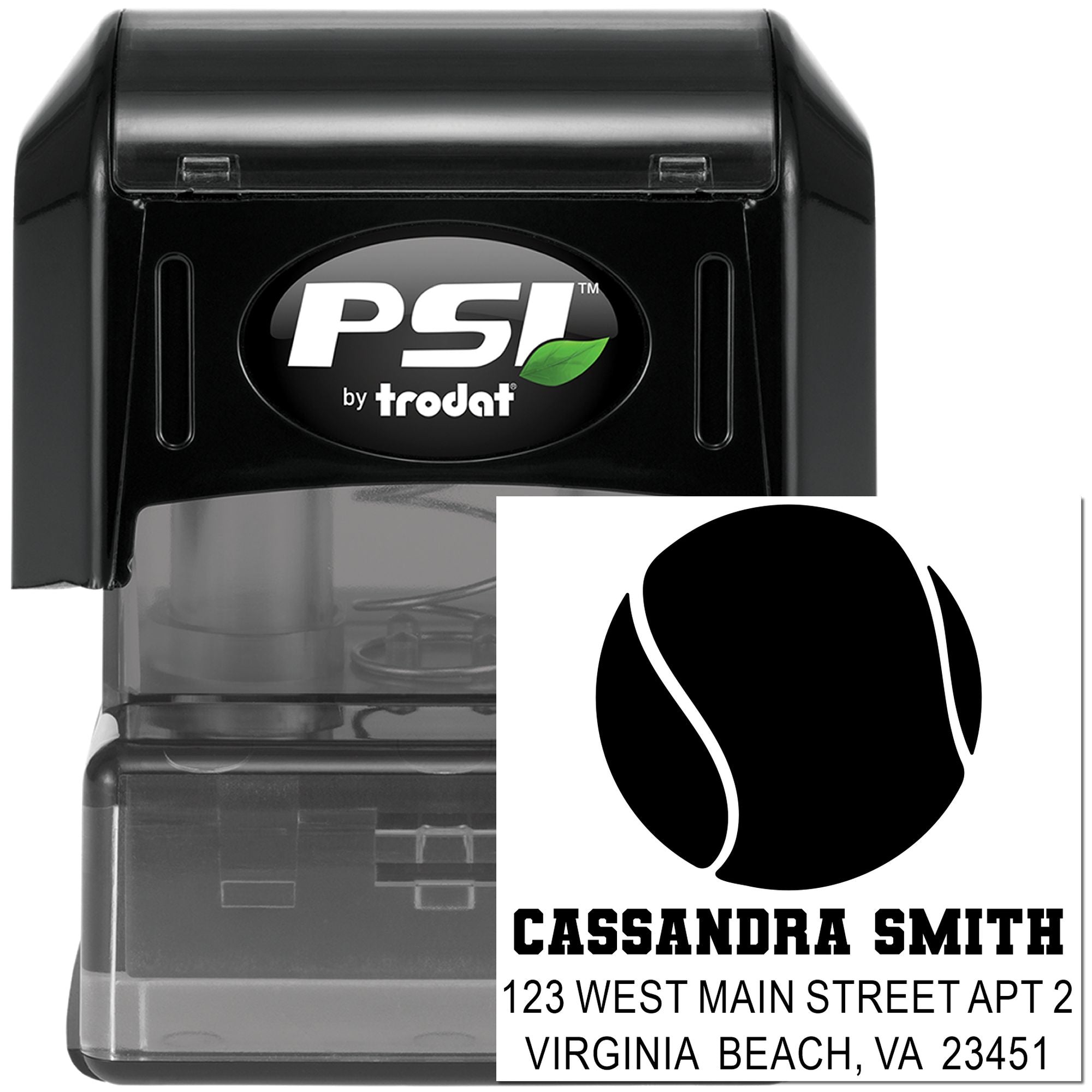 PSI by Trodat self-inking custom address rubber stamp with tennis ball logo and Virginia Beach return address