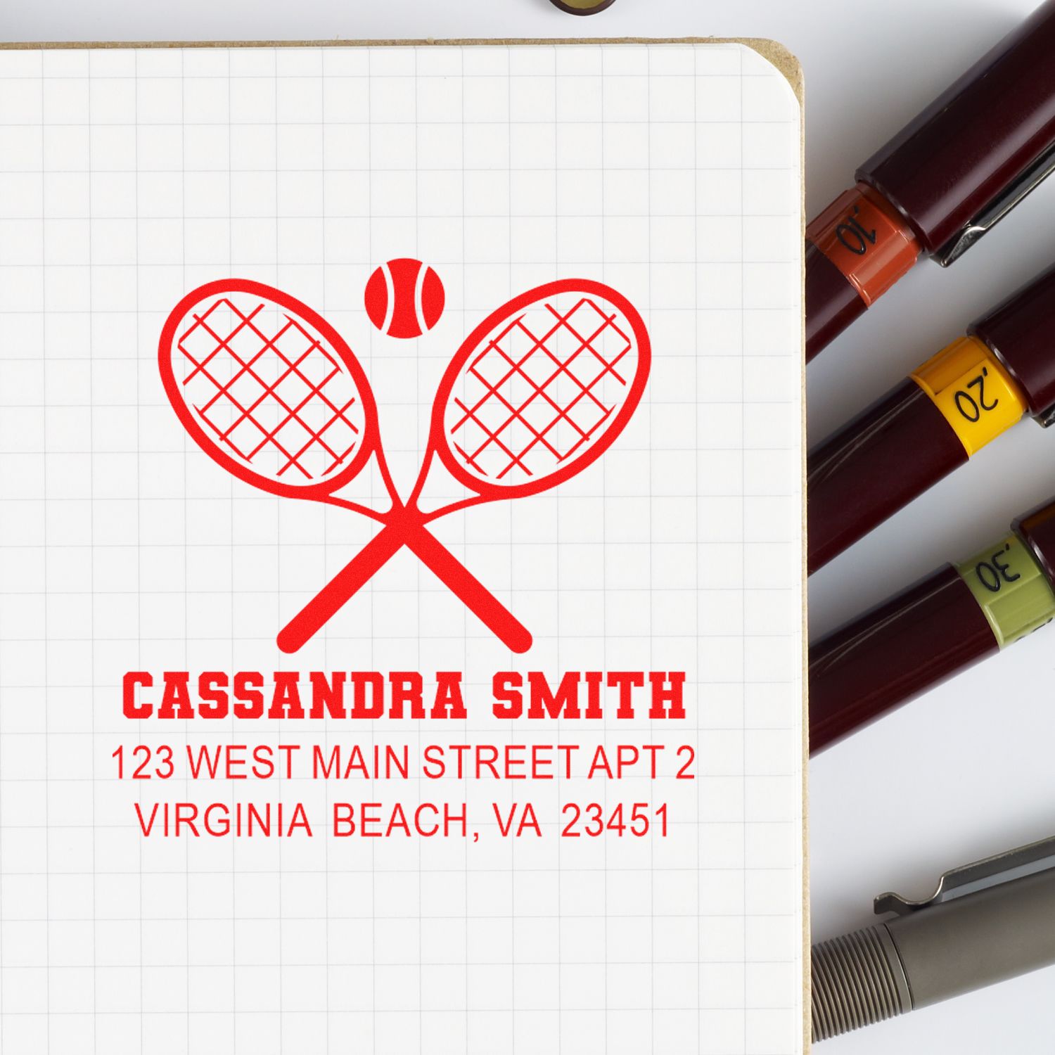 Personalized tennis return address rubber stamp with name and Virginia Beach address for Cassandra Smith.