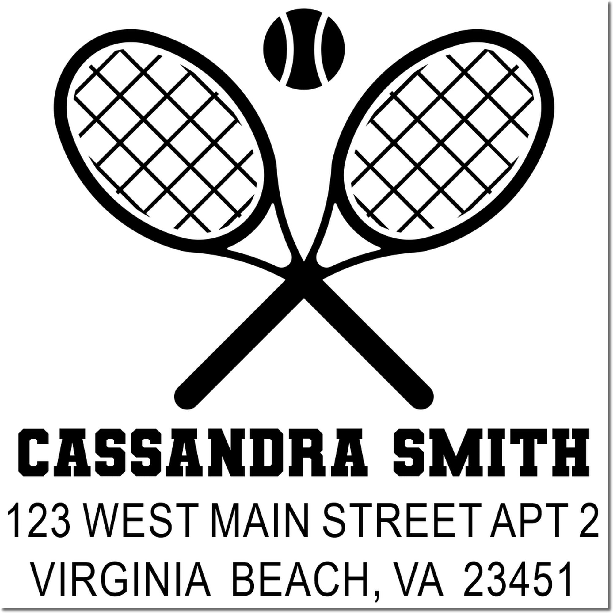 Custom tennis return address rubber stamp for Cassandra Smith, Virginia Beach, VA 23451.