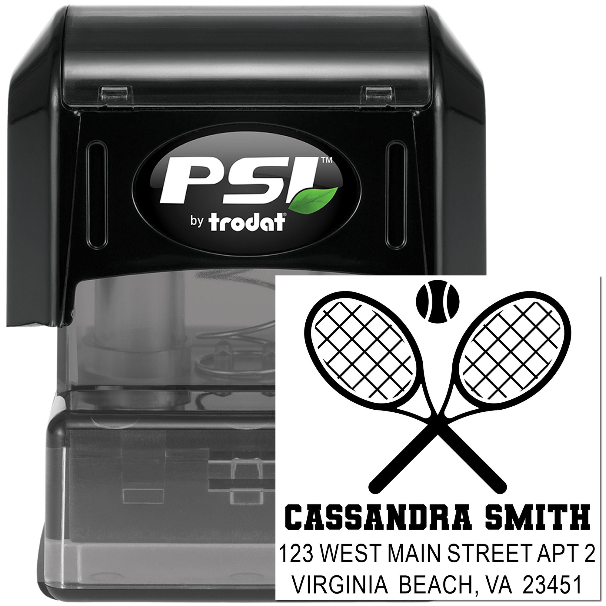 Custom self-inking tennis address stamp by PSI Trodat with crossed racquets and personalized name and address imprint