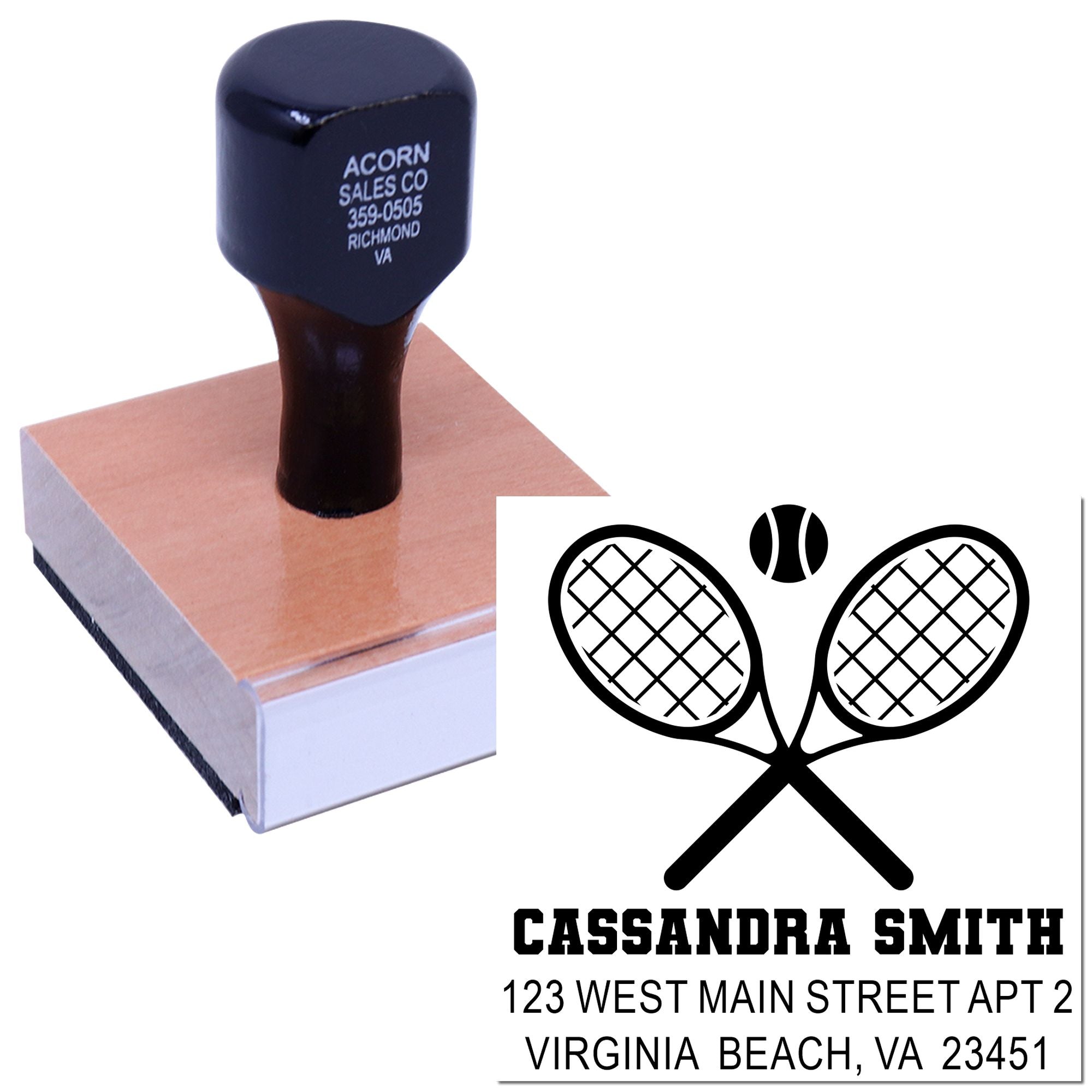 Custom tennis return address rubber stamp with crossed racquets, ball, and personalized name and mailing address.
