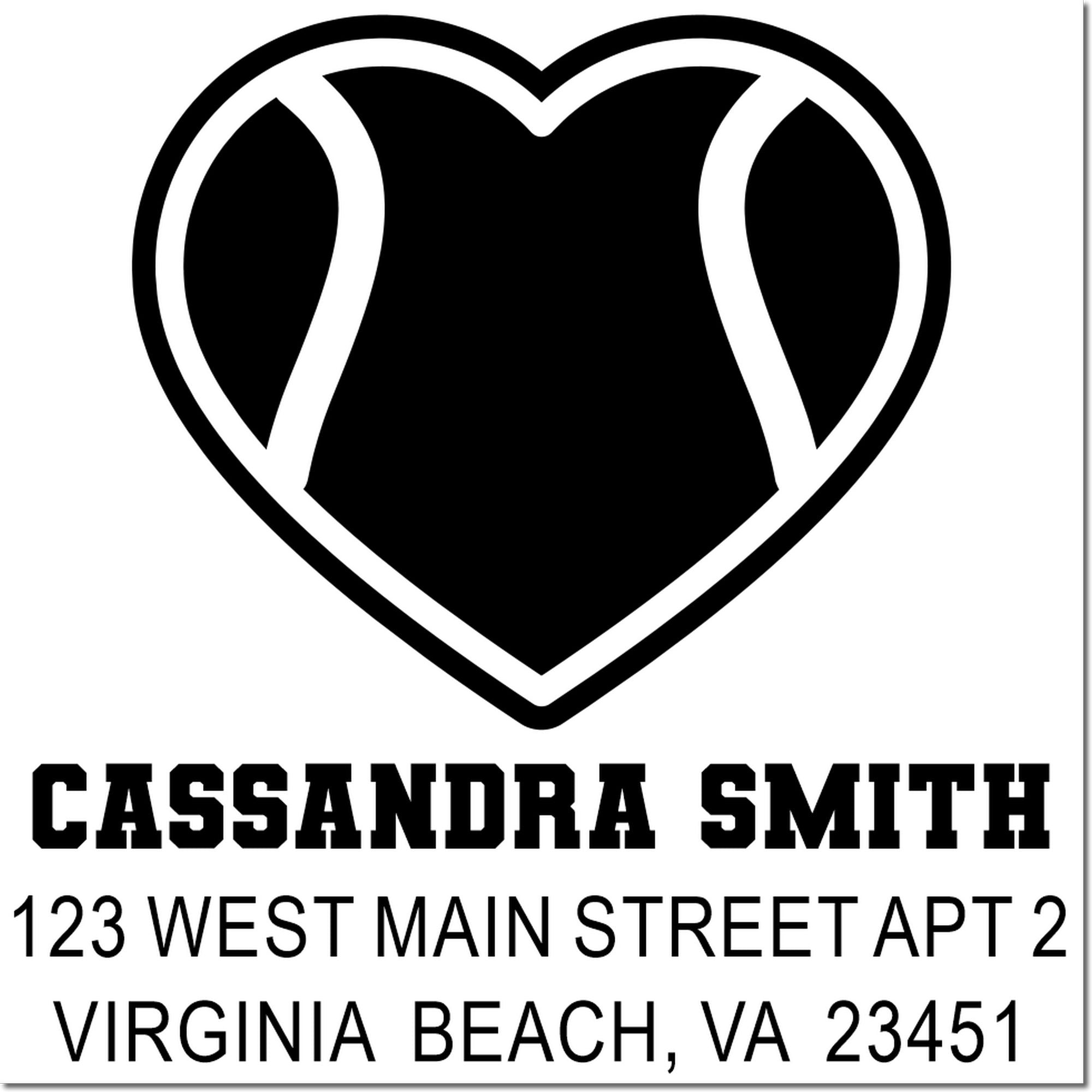 Custom heart return address rubber stamp for Cassandra Smith, 123 West Main Street Apt 2, Virginia Beach, VA 23451.