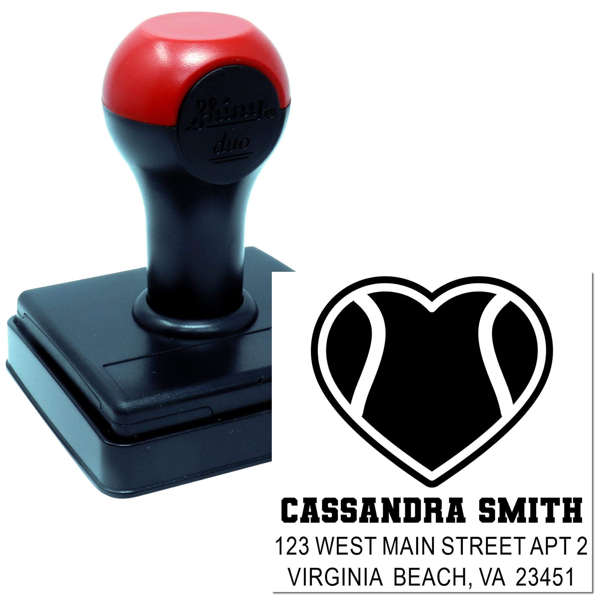Personalized self-inking address rubber stamp with heart logo for Cassandra Smith, Virginia Beach, VA 23451.