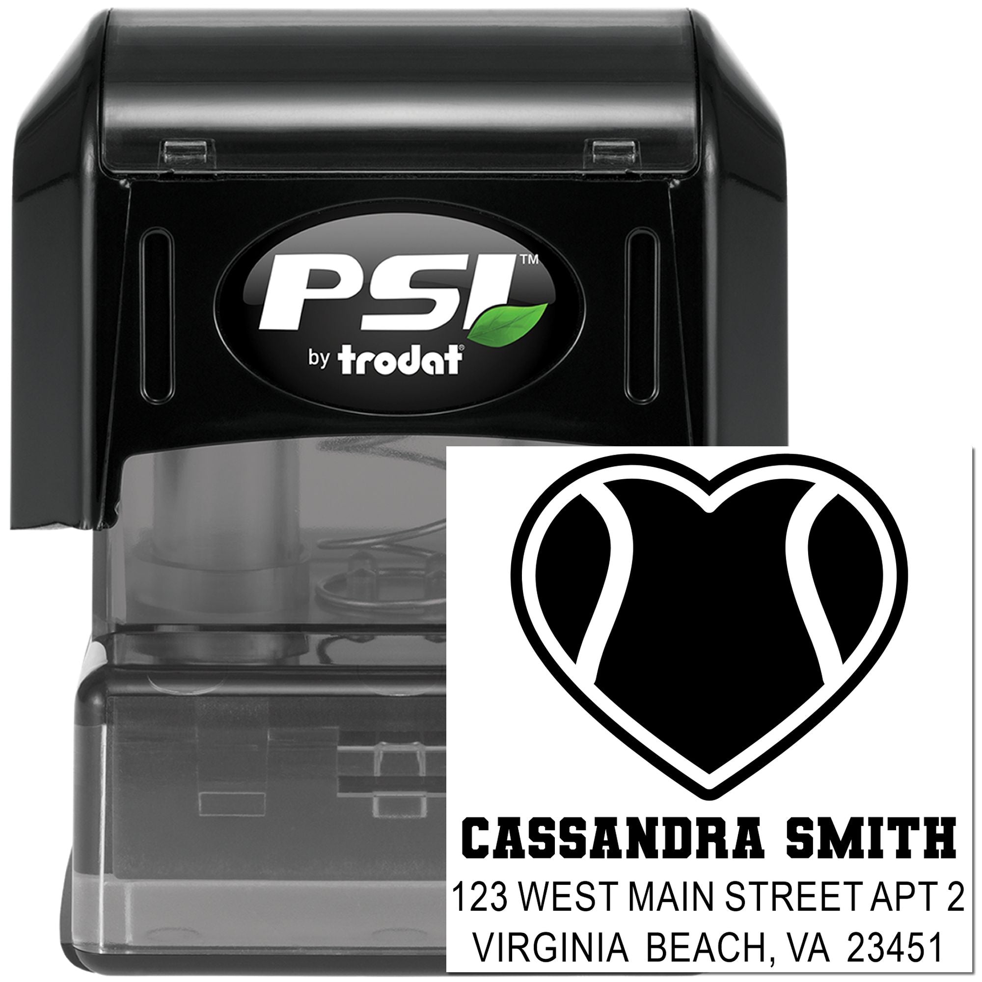 PSI by Trodat self-inking custom address rubber stamp with heart logo and personalized return address imprint