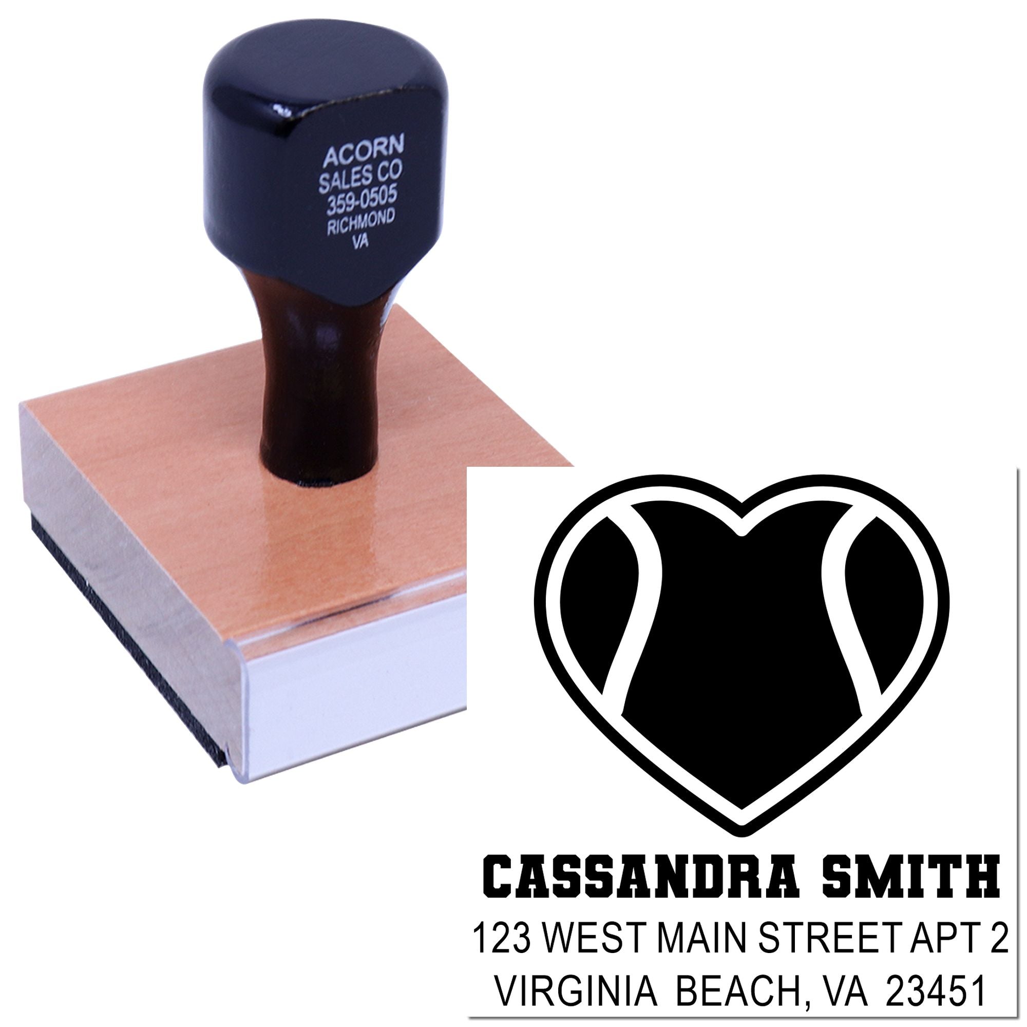 Custom return address rubber stamp with heart monogram, name, and address for personalized wedding or business mailings.