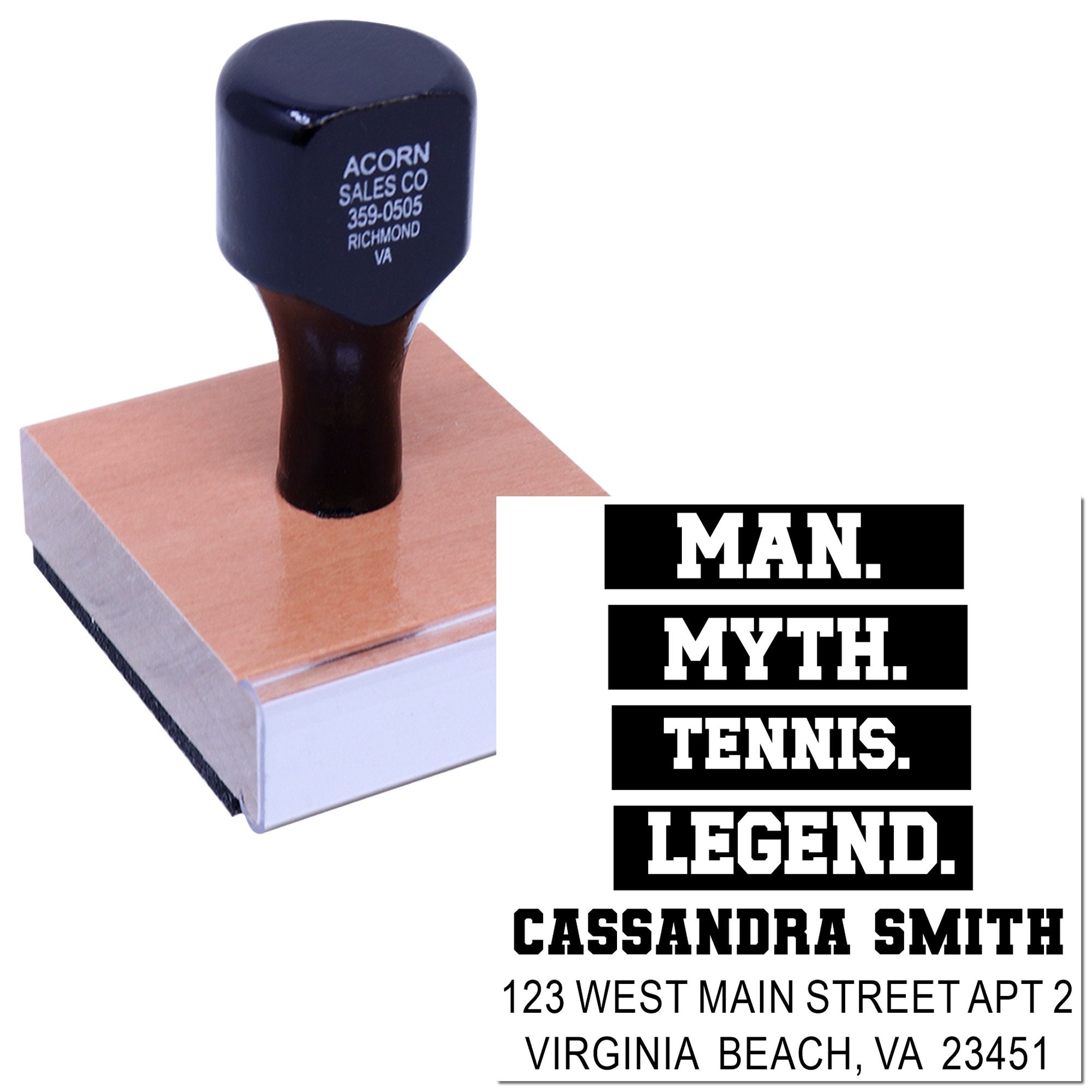 Custom rubber stamp with personalized name and address imprint for mailing, business, or gift use.