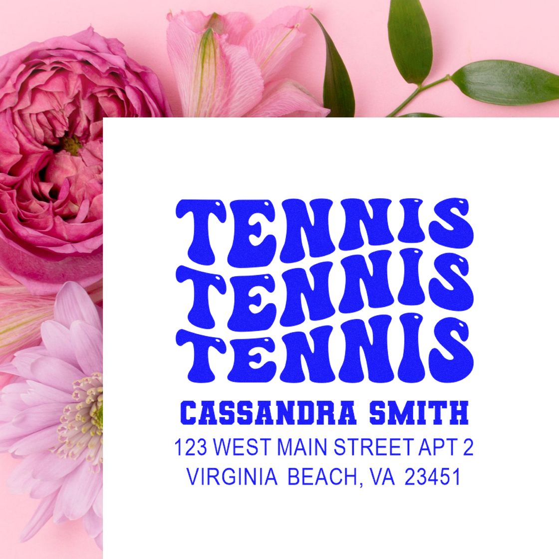 Custom tennis return address rubber stamp featuring bold blue Tennis text, name, and mailing address.