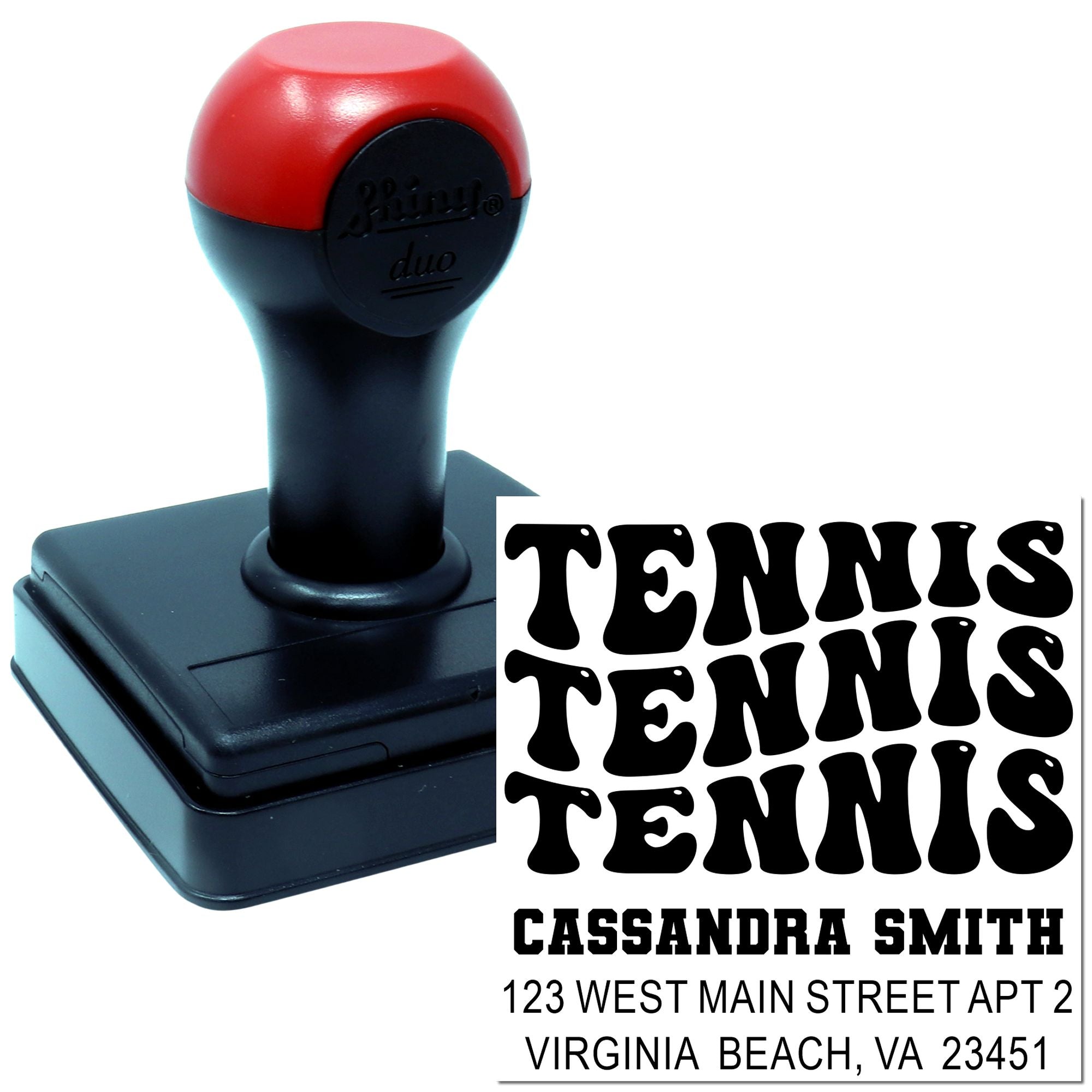 Custom self-inking tennis address rubber stamp with name and Virginia Beach, VA return address for mailing and branding