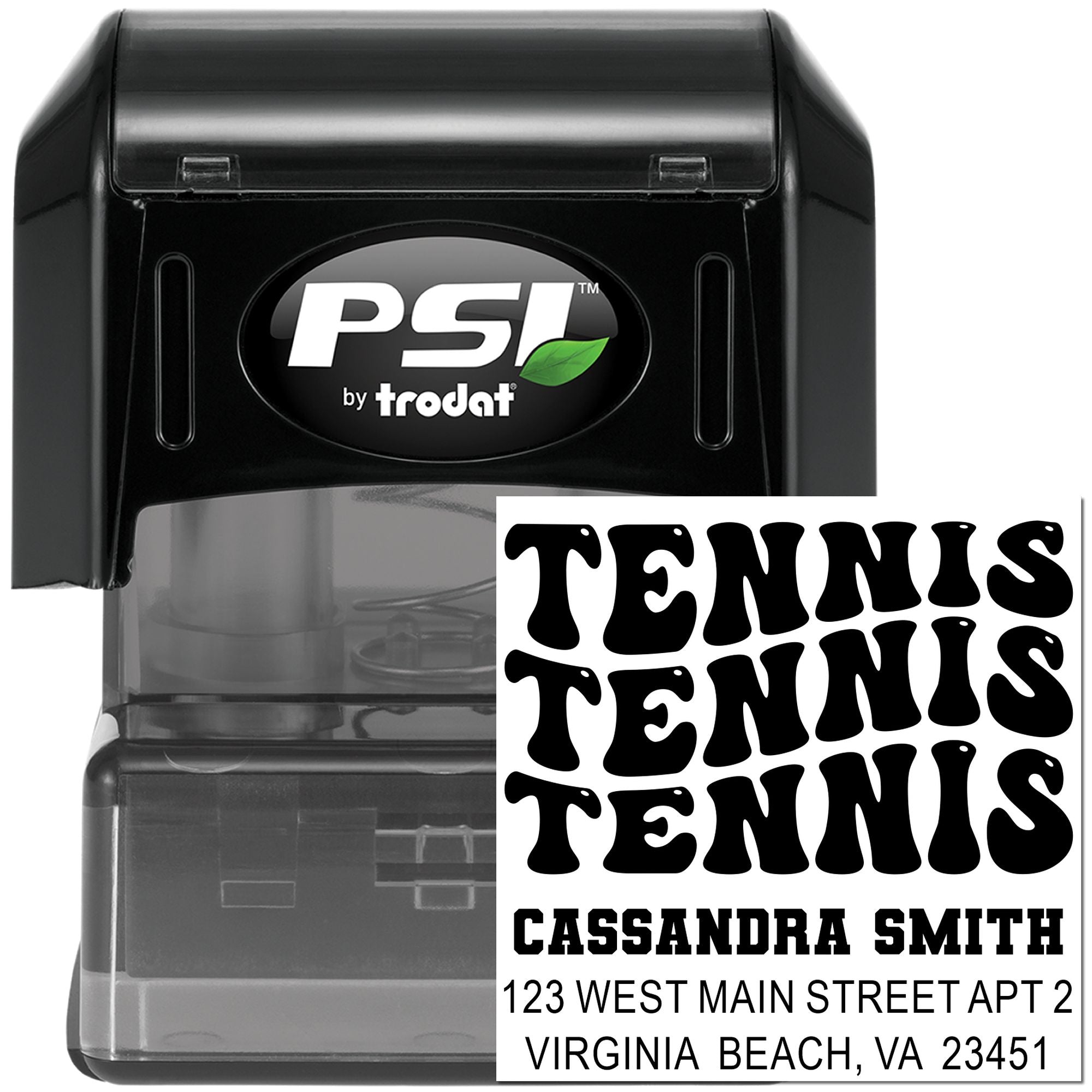Custom self-inking rubber stamp for tennis, with personalized name and address imprint, PSI by Trodat.