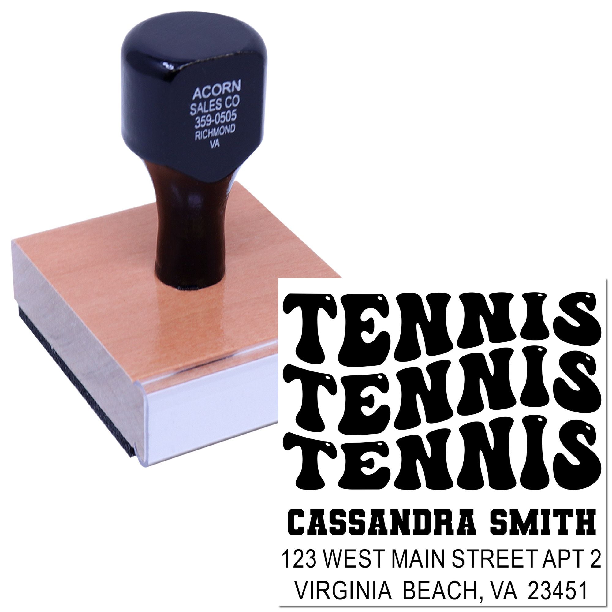 Custom tennis return address rubber stamp with name and Virginia Beach, VA address for personalized mailing.