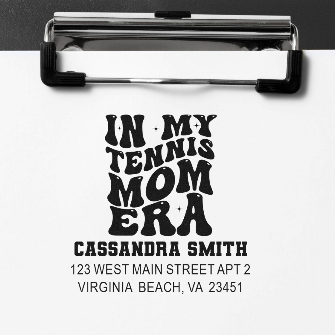 Custom return address rubber stamp with In My Tennis Mom Era for Cassandra Smith, Virginia Beach, VA.