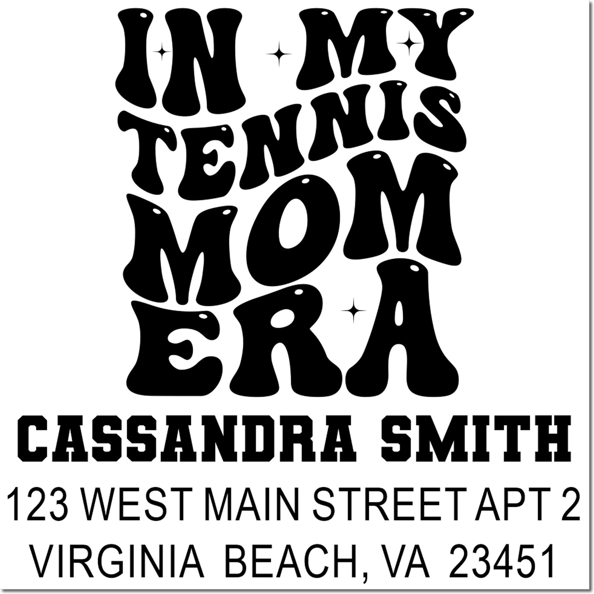 Personalized tennis mom rubber stamp with Cassandra Smith return address, Virginia Beach, VA 23451